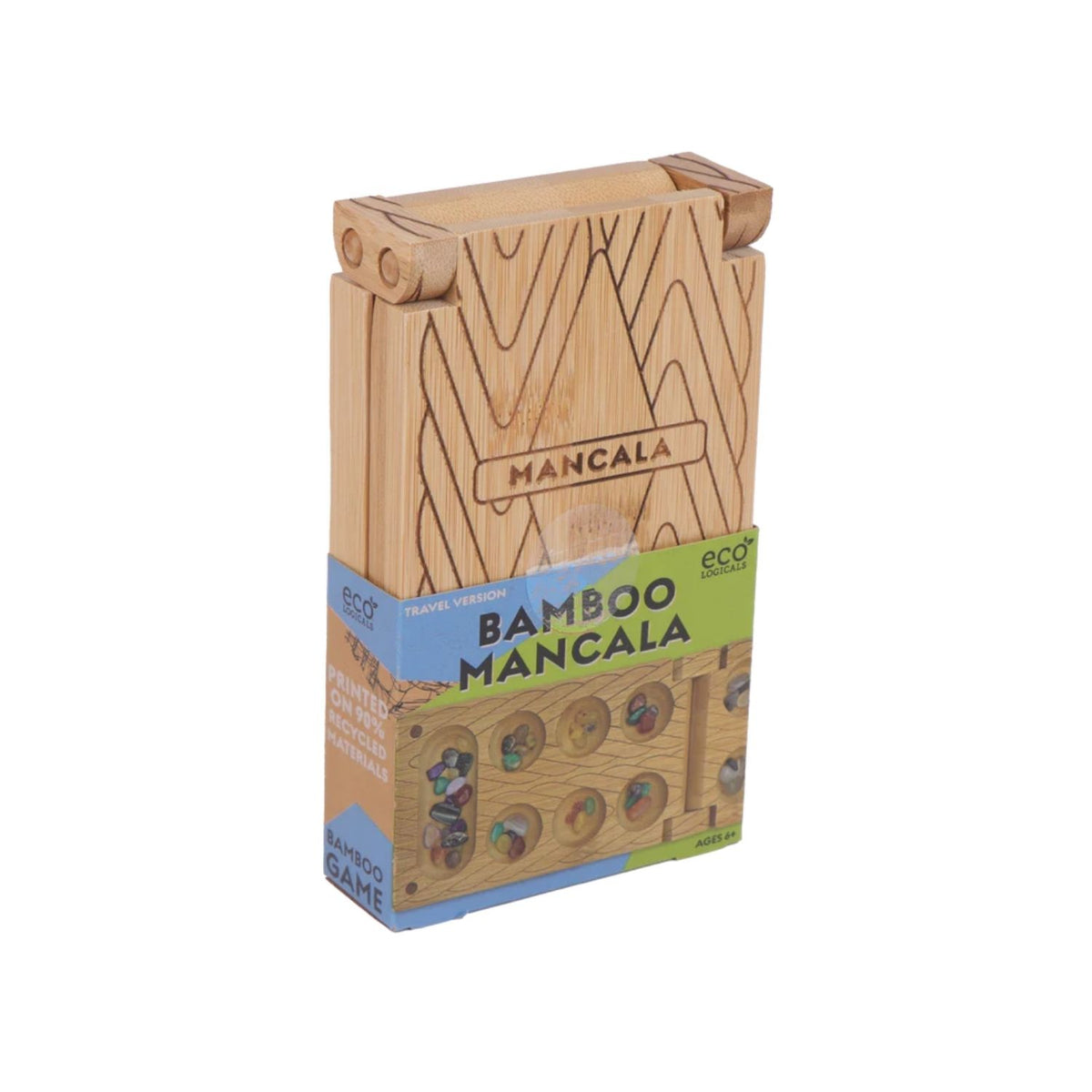 he eco-friendly retail packaging for the Travel Bamboo Mancala, displaying the "Ecologicals" branding and age eight plus recommendation.