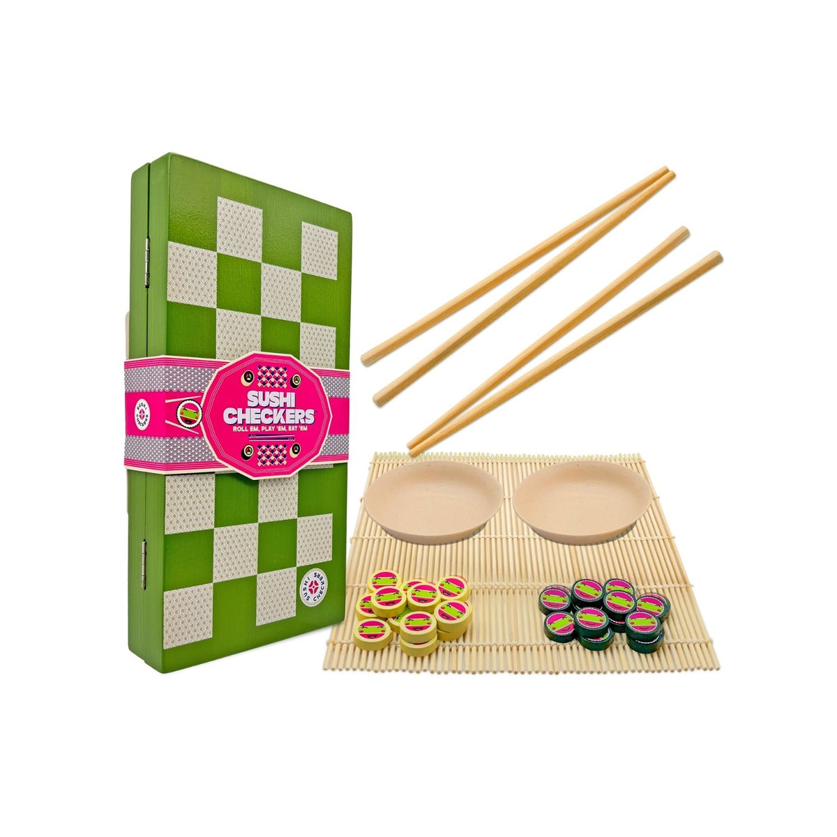 A close-up of the sushi-making accessories, including a bamboo rolling mat and soy sauce bowls, alongside fun wooden checkers board.