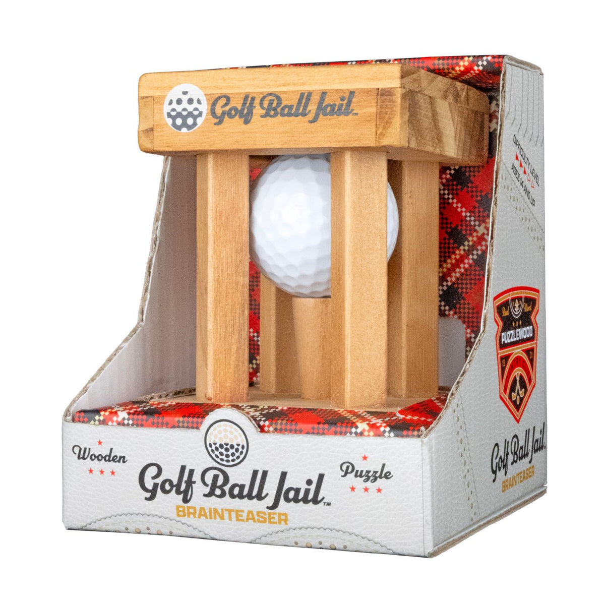 Golf Ball Jail brain teaser puzzle in its retail packaging, featuring a wooden cage with a white golf ball inside, displayed on a clean white background.