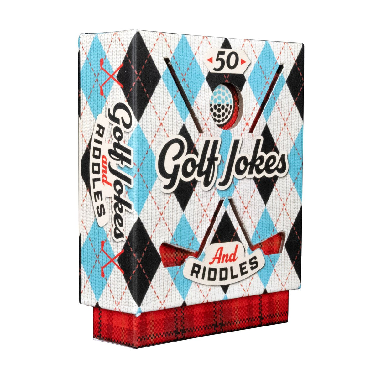 A product packaging shot featuring the Project Genius Golf Jokes & Riddles deck, showing the argyle jumper gift box 