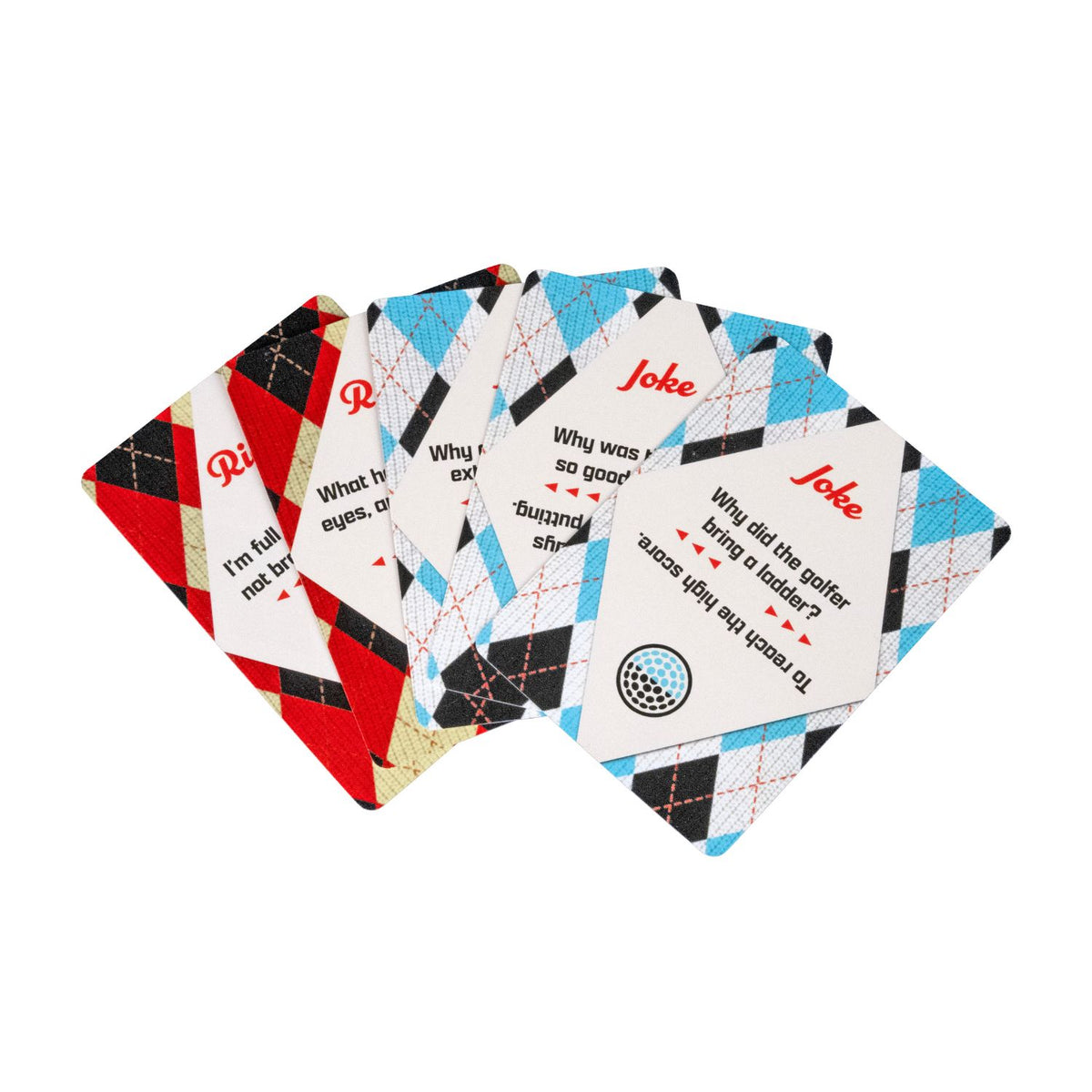 A top-down shot on a clean white background showcasing several cards spread open to display readable golf riddles and jokes.