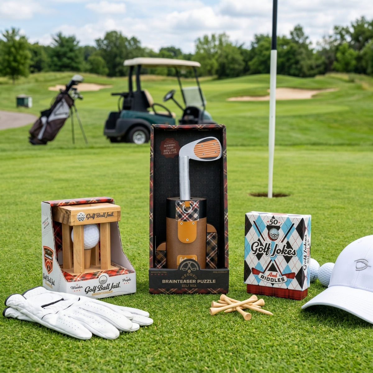 A golf-themed product assortment displayed on a golf course lawn, including a golf club head set in a branded box, a golf ball in a wooden stand, a tees box labeled 'Golf Jokes Riddles,' white golf gloves, wooden tees, and a white cap, with a golf cart and fairway in the background.