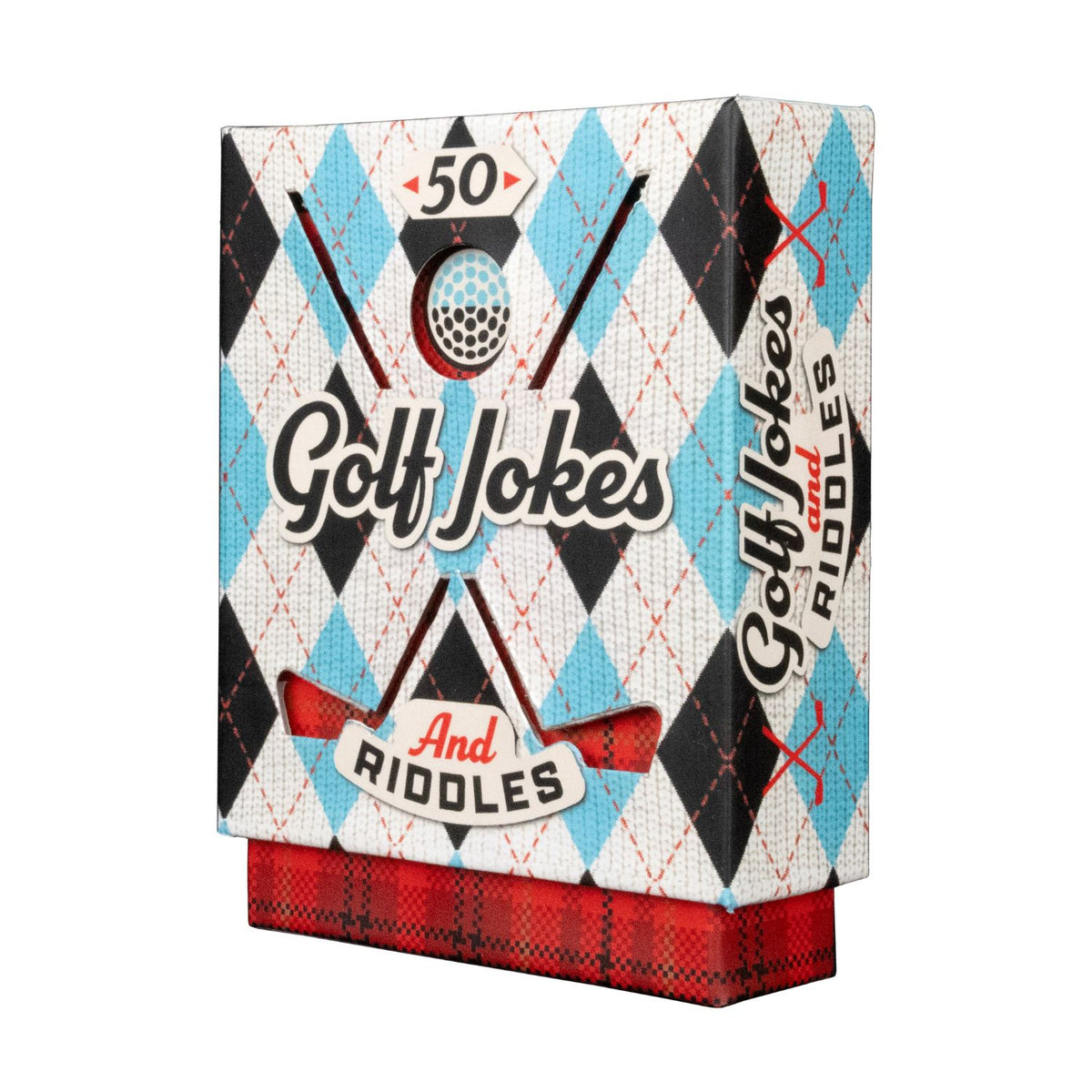 Product shot of the ultimate golf bag essential! Compact deck with 50 double-sided golf puns and brainteasers. Answers on the back for quick, on-the-go laughs anywhere.