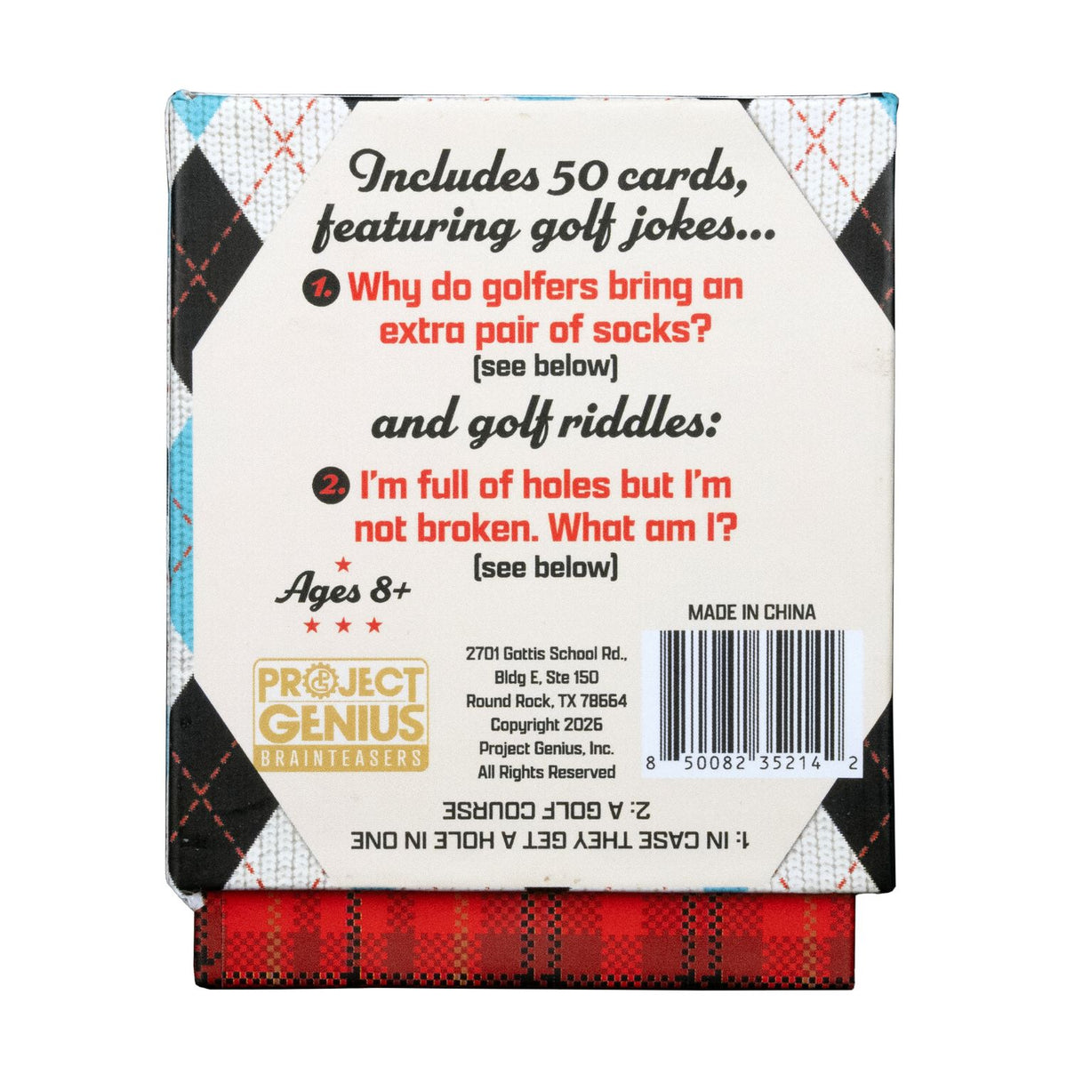 Back of a Project Genius Brain Teasers card deck box, showing product details, text about 50 golf-themed cards, a barcode, and a red plaid patterned base.