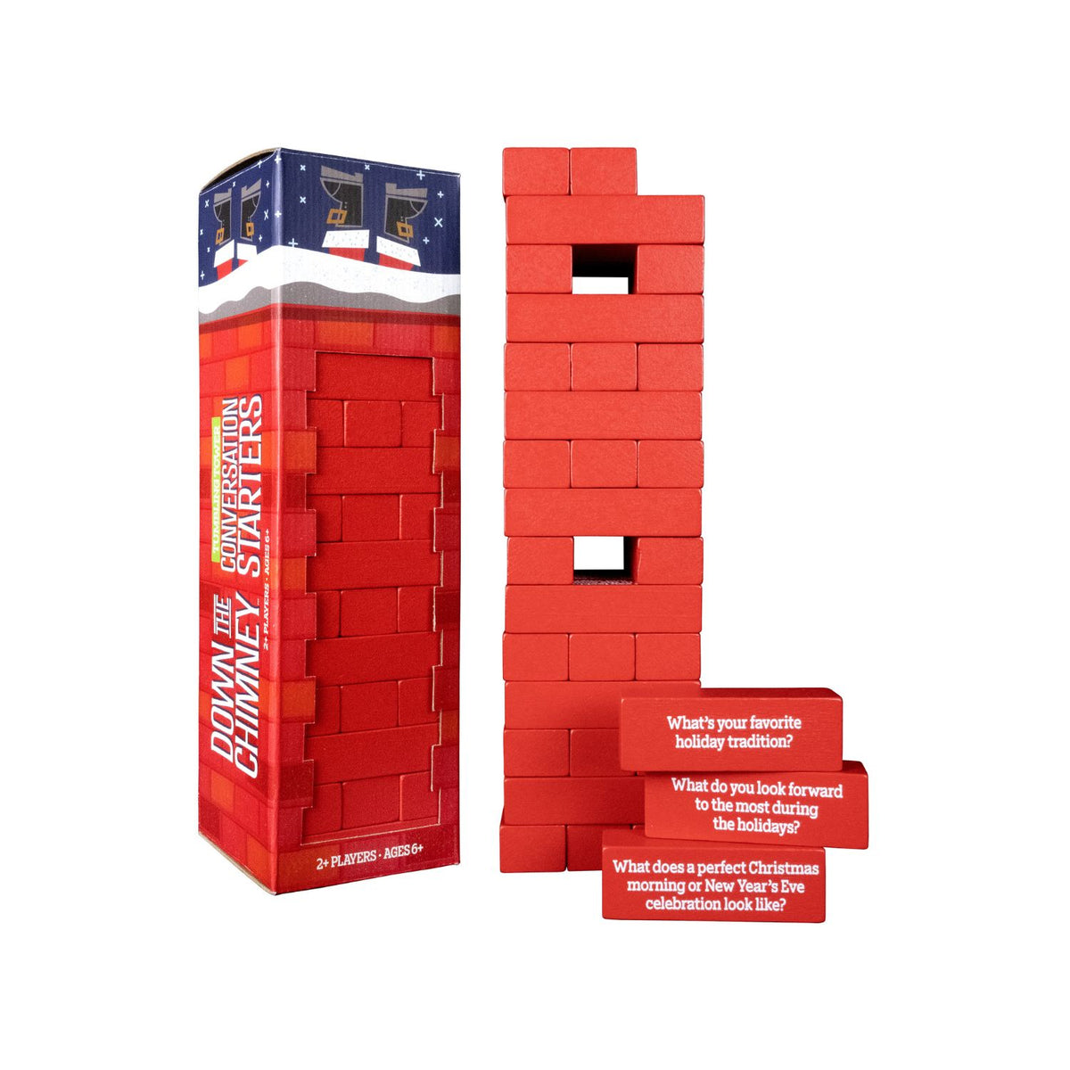 Pull a brick, answer a holiday prompt, and don't let it tumble! Down the Chimney is a festive wooden block-stacking game packed with family laughs. Ages 6+.