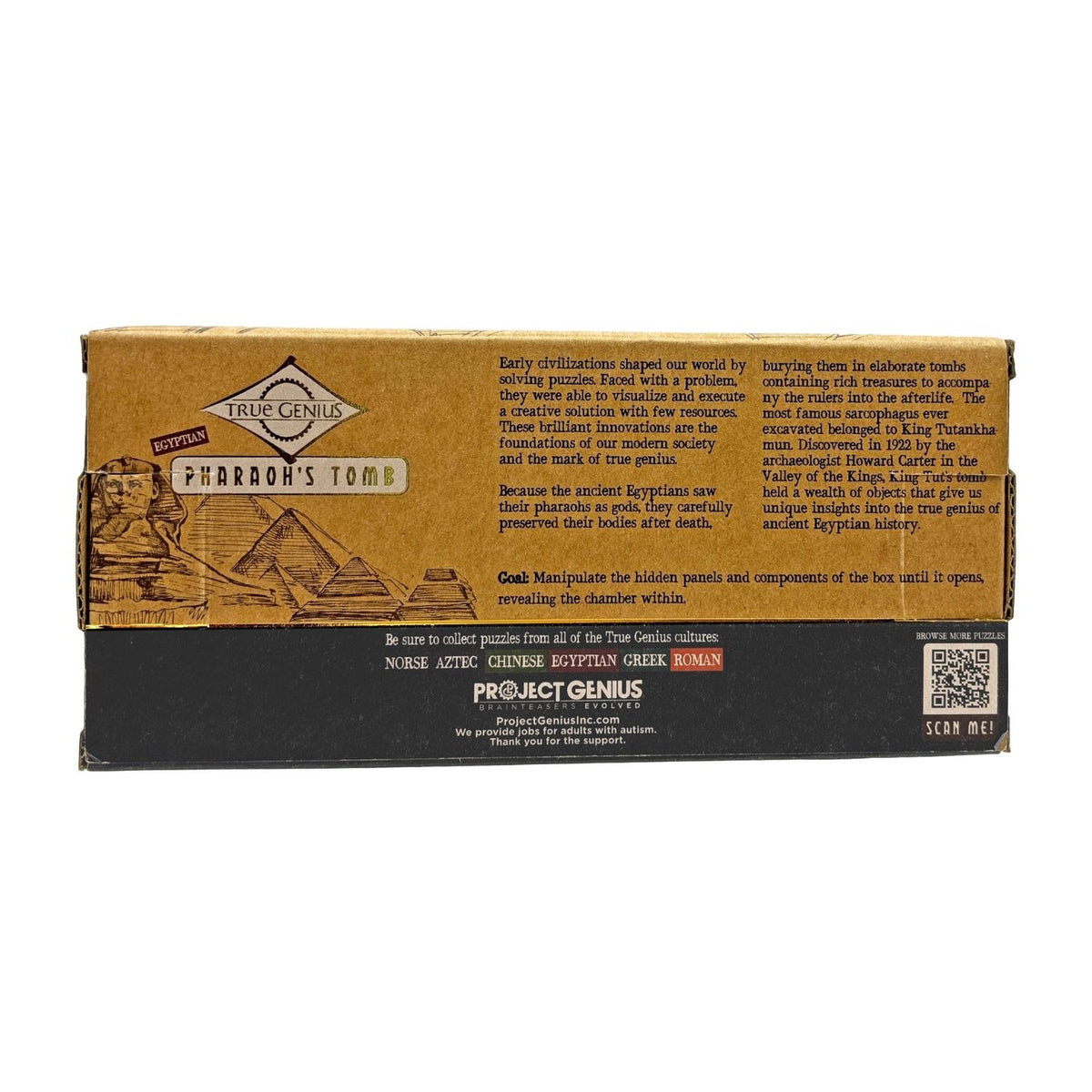 Box of 'Pharaoh's Tom' puzzle by Project Genius with pyramid illustration and text.