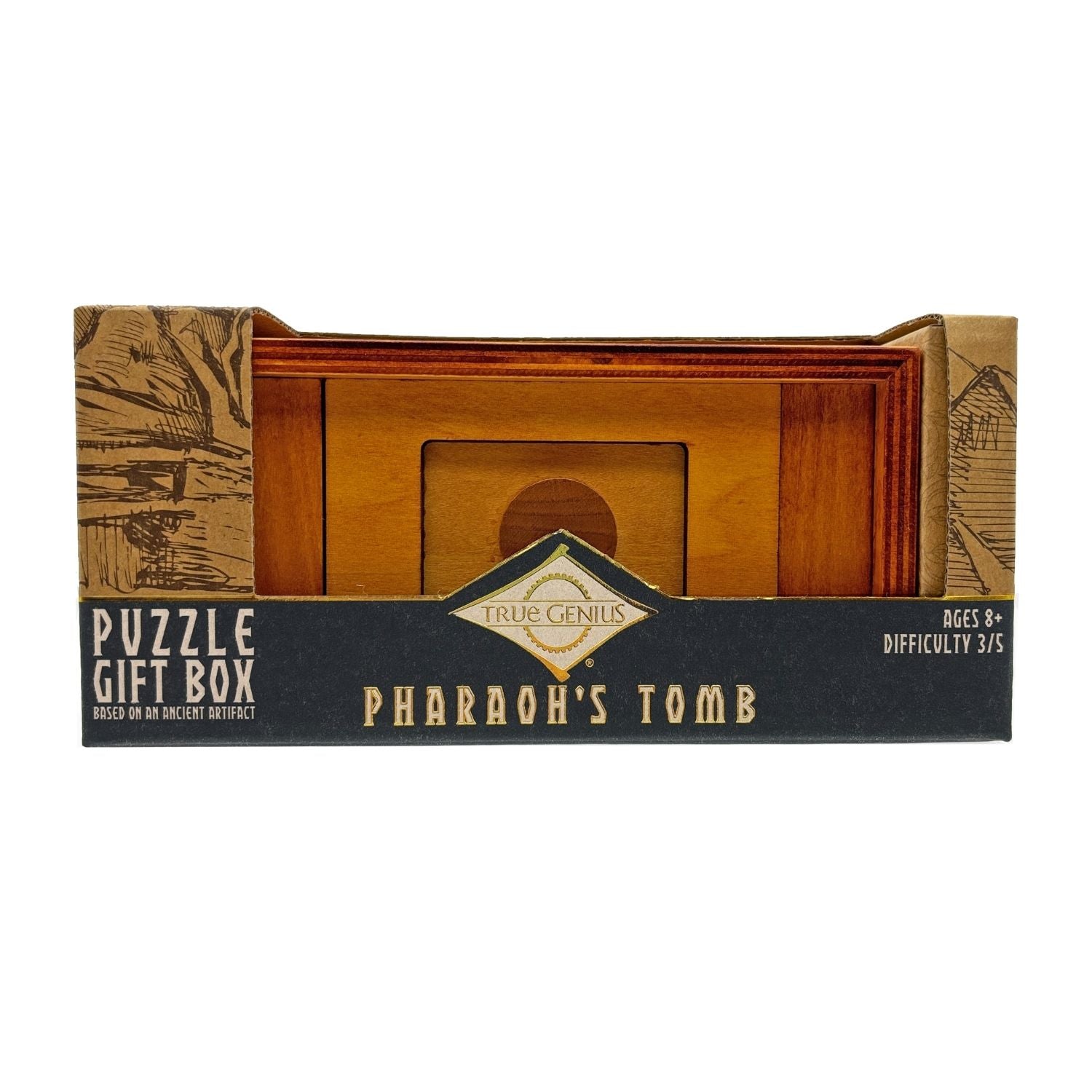 Wooden puzzle gift box themed as 'Pharaoh's Tomb' to hide a gift card or treasure for ages eight plus. Solve three to five steps to unlock the tomb. A level four logic challenge.