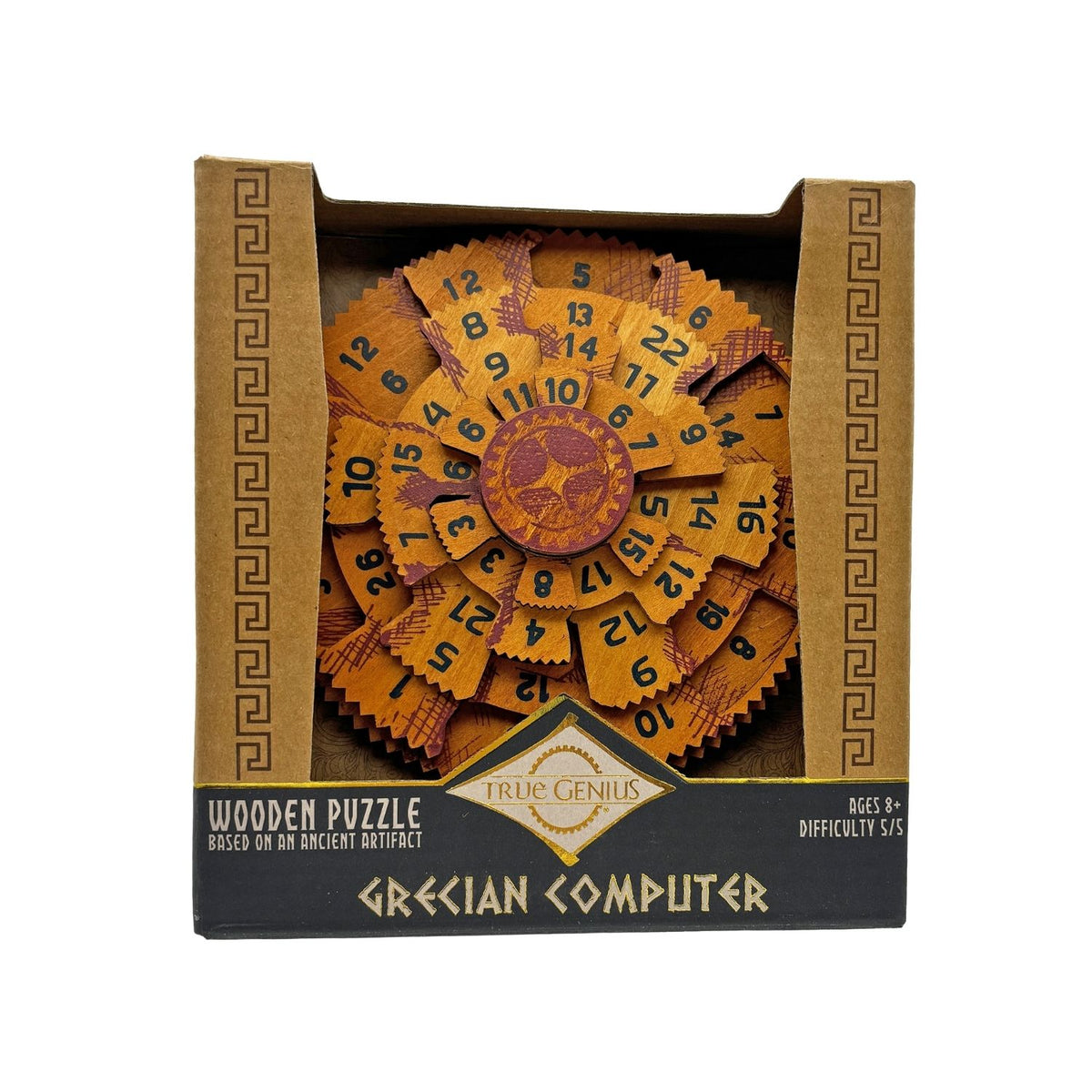 A circular wooden Grecian Computer puzzle featuring multiple rotating dial layers engraved with numbers, inspired by the Antikythera mechanism.