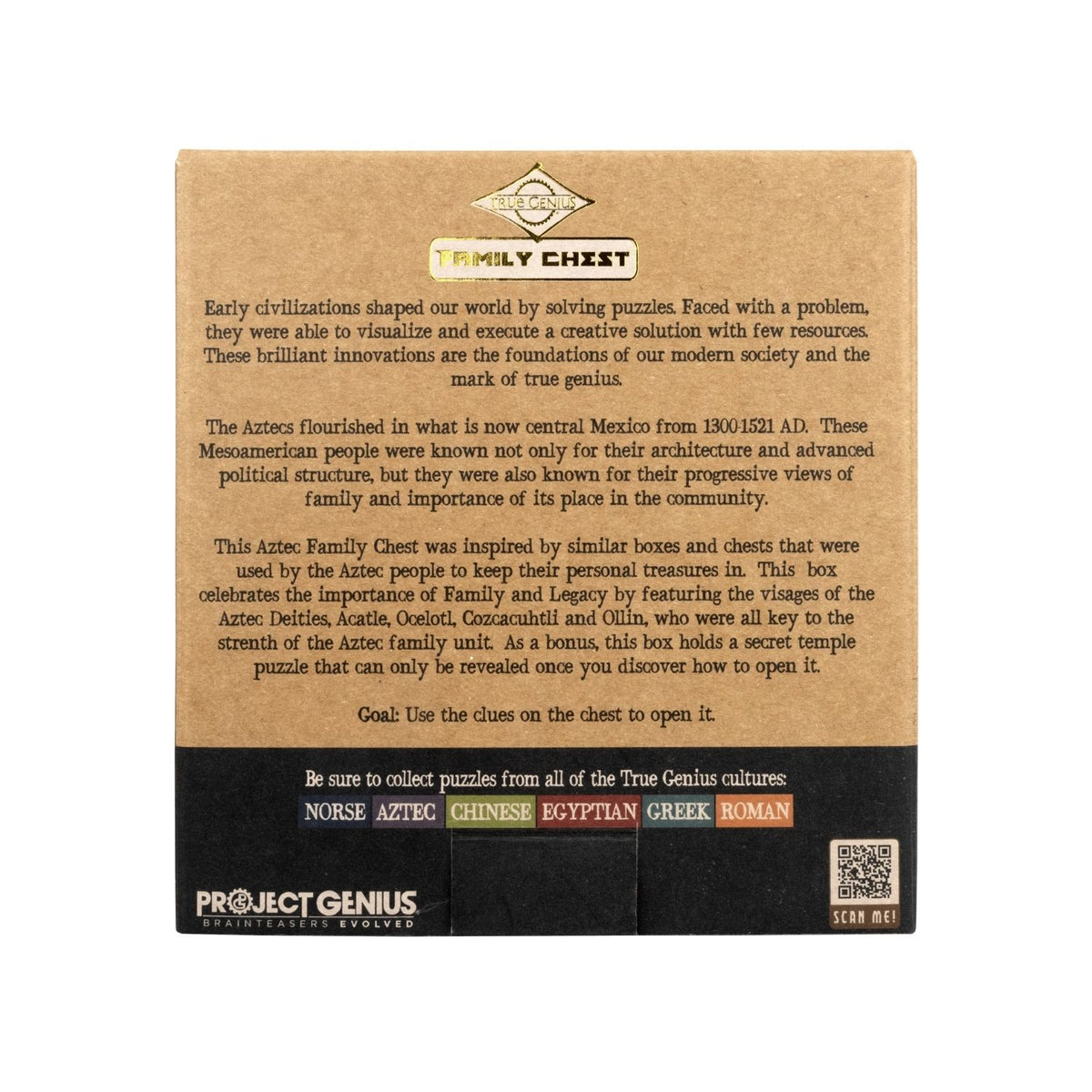 The retail box for the Aztec Family Chest by Project Genius, clearly showing the Aztec theme and history, level three difficulty, and age eight plus recommendation.