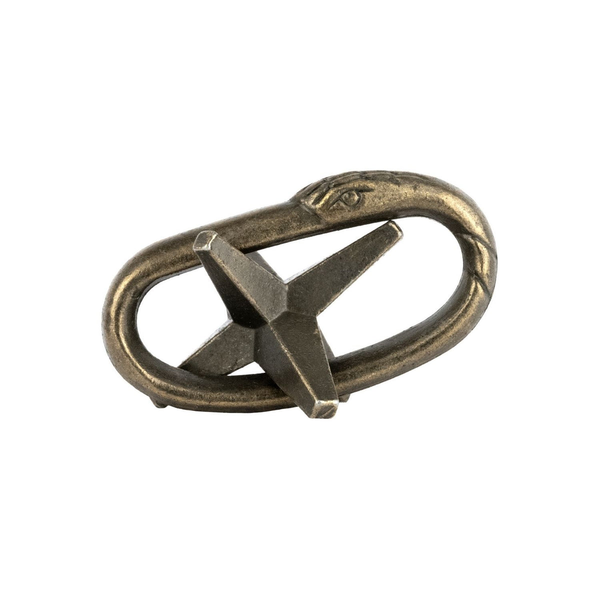 Star Gouge Detail: A close-up of the Star Gouge metal puzzle, showing a star-shaped piece linked to a circular loop, inspired by ancient Norse blacksmith tools.