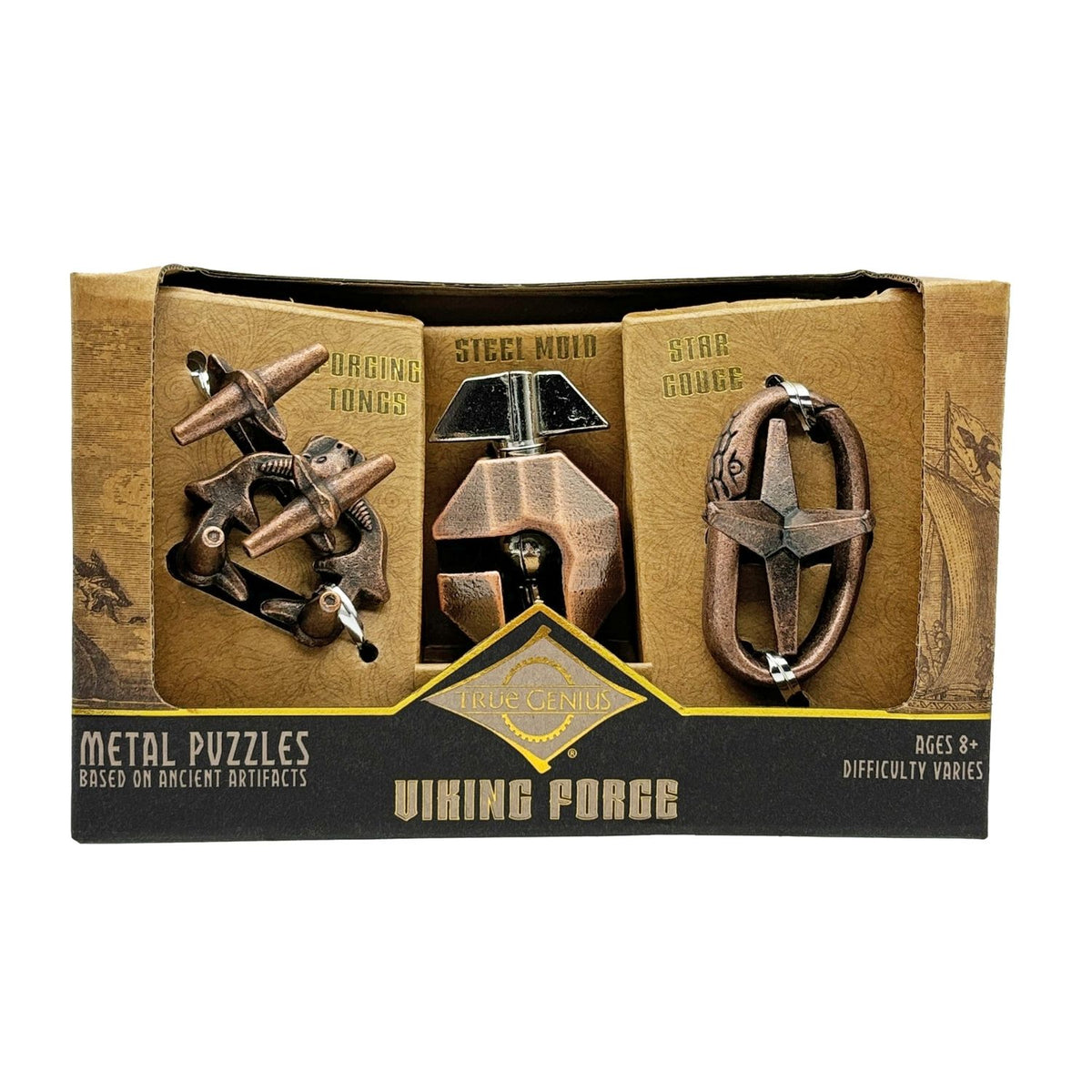 Box of Viking Forge metal puzzle set to explore Norse history. Includes three metal disassembly challenges: a star, a mold, and tongs.
