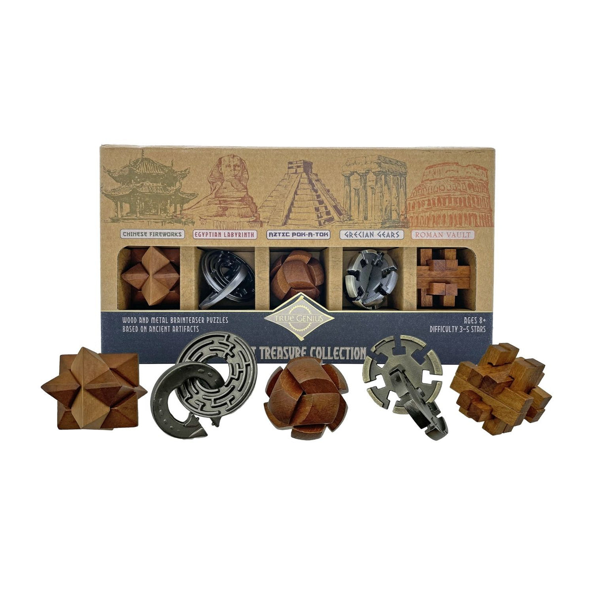 five premium brainteasers in one collection. From Egyptian labyrinths to Roman vaults, this set for ages eight plus offers a diverse historical journey.