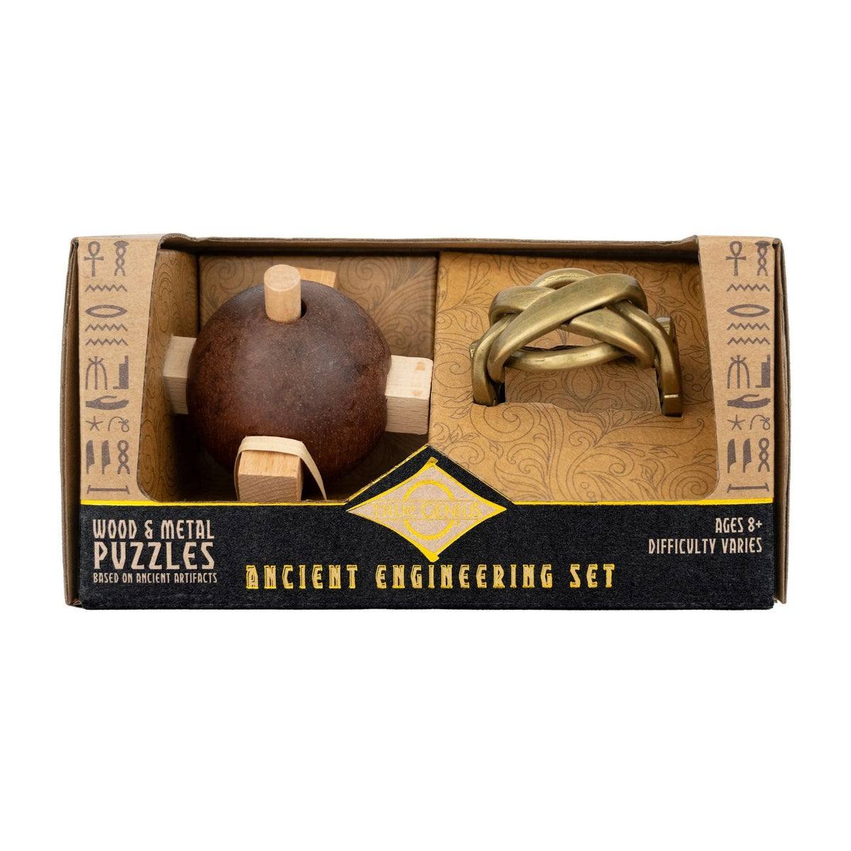 A set of two ancient Egyptian themed mechanical puzzles, the Egyptian Knot and the Plumb Bob, displayed together for ages eight and up.