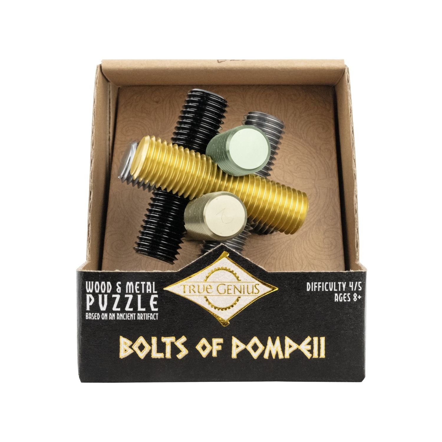 Untangle a web of metal bolts in this level four burr puzzle. Inspired by Ancient Pompeii, it’s a high-difficulty disassembly challenge for ages eight plus.