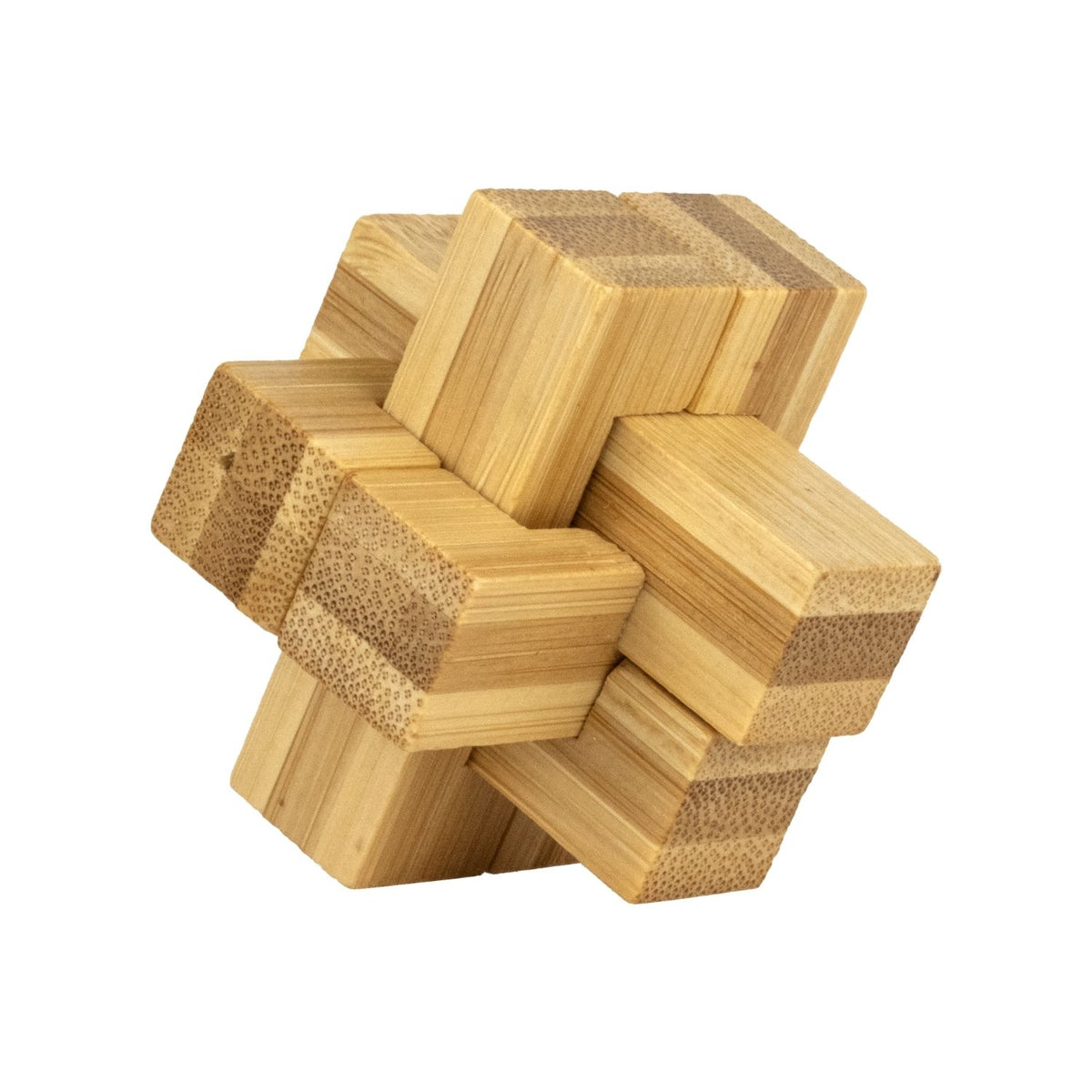 Wooden interlocking puzzle showing the variety of 3D bamboo puzzles in various geometric shapes, including a star and a cube, designed for ages nine and up.