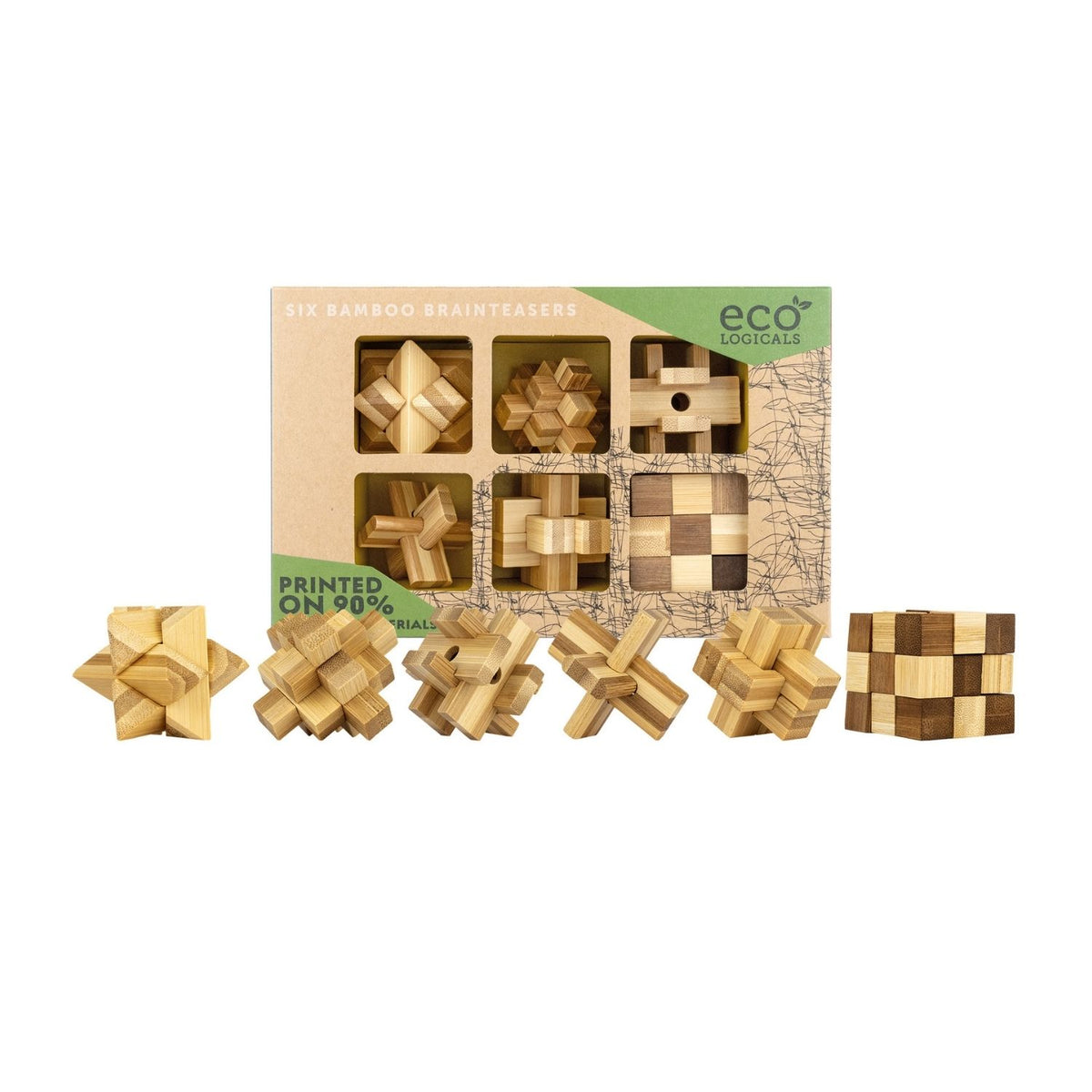 A set of six different 3D bamboo puzzles in various geometric shapes, including a star and a cube, designed for ages nine and up.