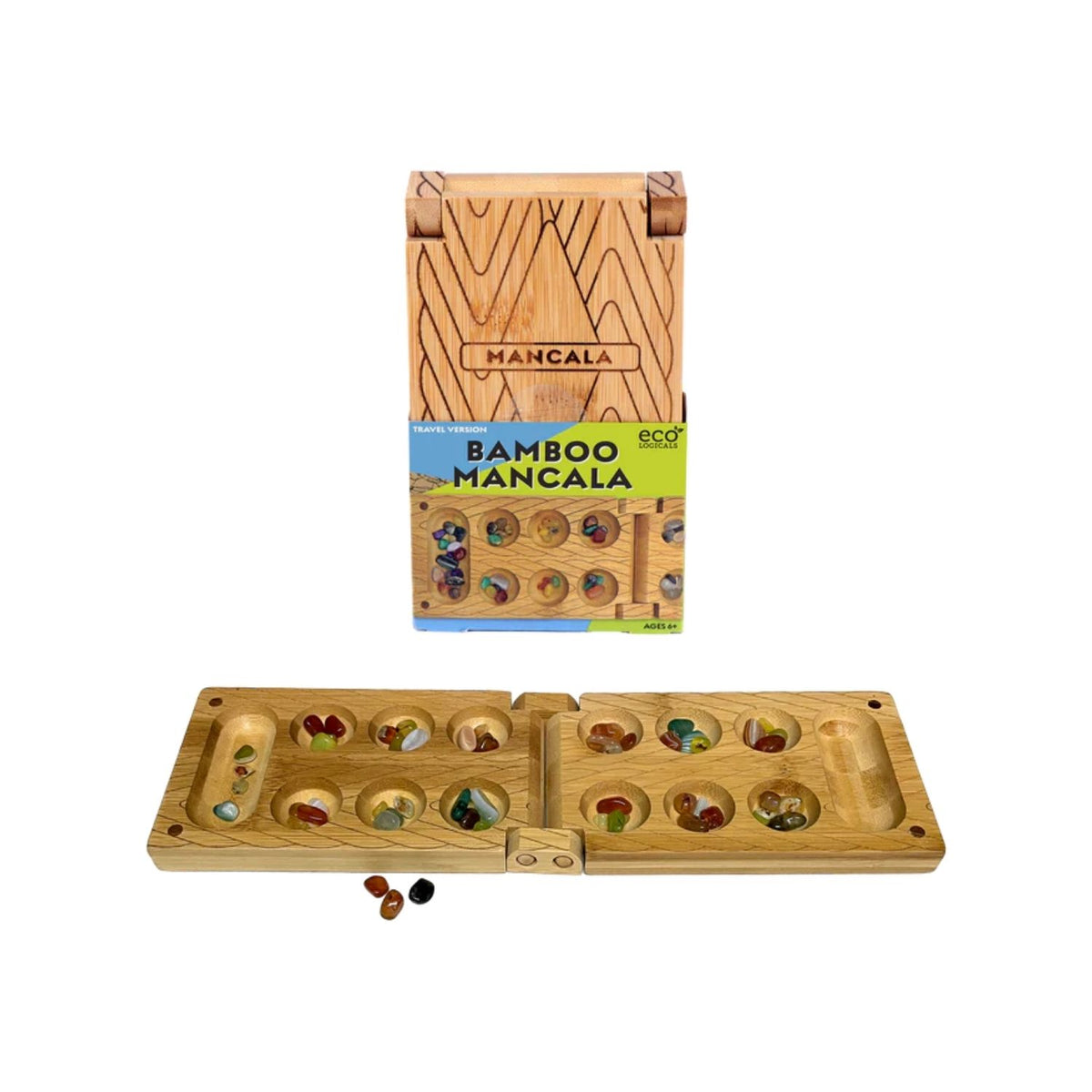 A folding bamboo Mancala board shown open, displaying two rows of circular pockets filled with colourful polished stones for ages eight plus.