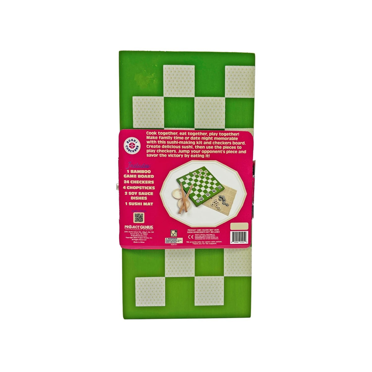 A wooden sushi checkers set featuring a wooden game board, twenty-four checker pieces, two sets of chopsticks, soy sauce bowls, and a rolling mat.