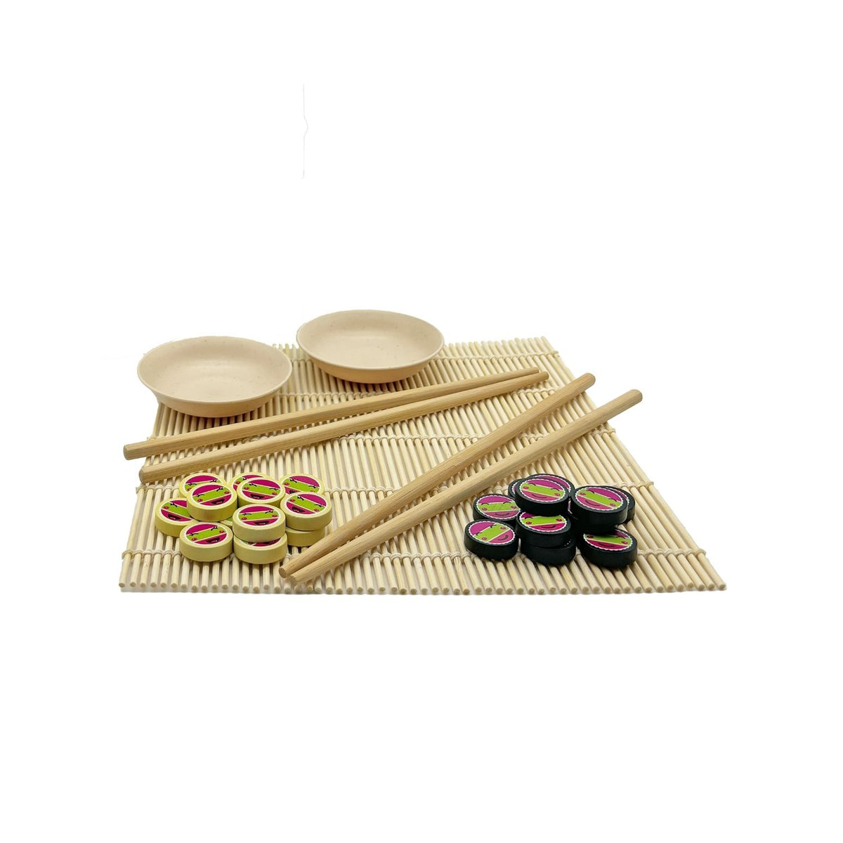 Sushi set with bamboo mat, plates, and sushi rolls