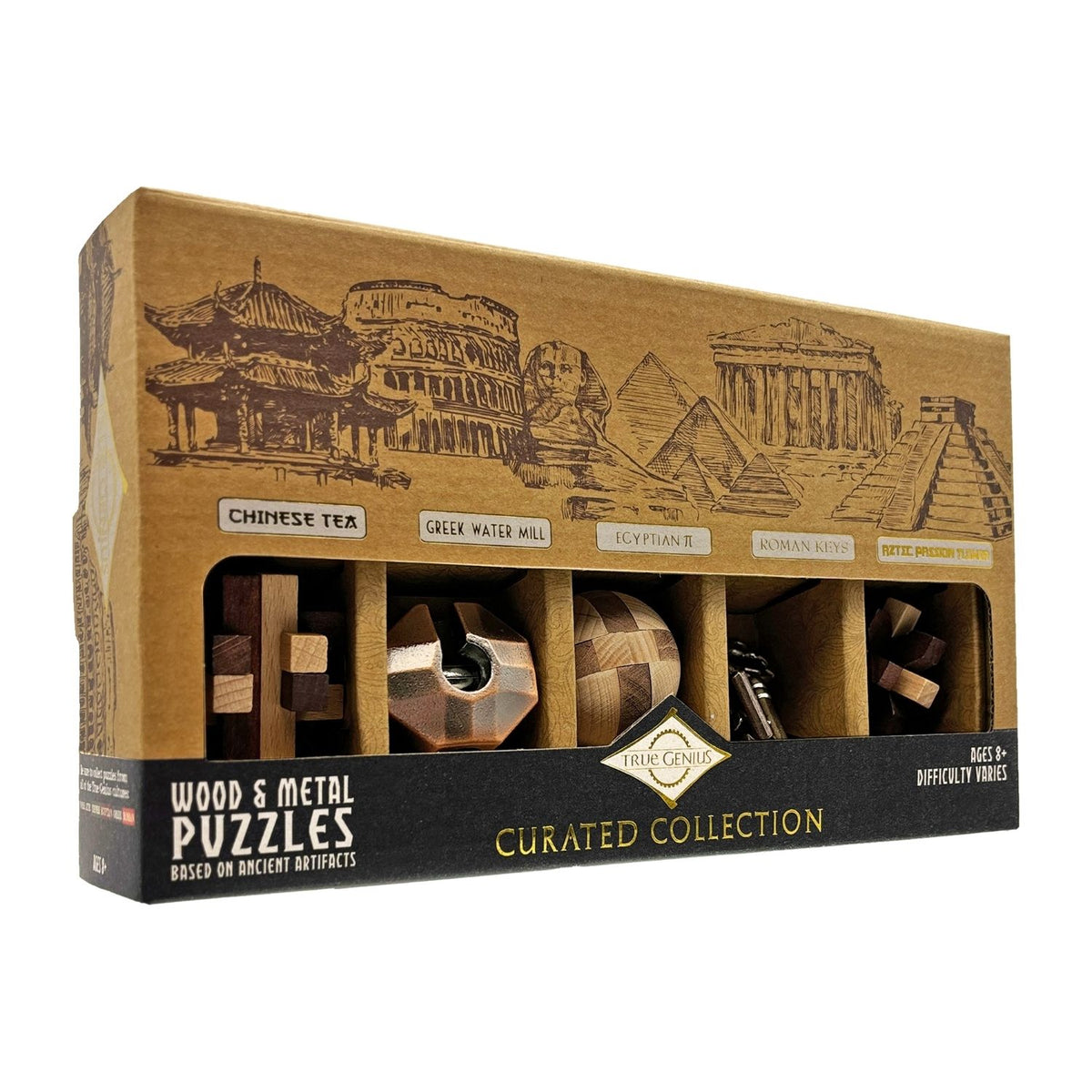 Wood and metal puzzles. a curated collection of five different wooden and metal puzzles representing Chinese, Greek, Egyptian, Roman, and Aztec civilisations for ages eight plus.