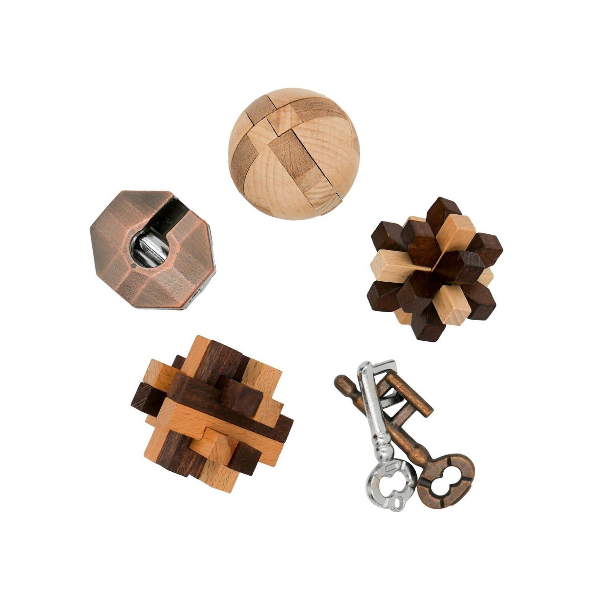 close-up of the metal Roman Keys and the bronze-housed Greek Water Mill puzzles, highlighting the contrast in mechanical disassembly styles.