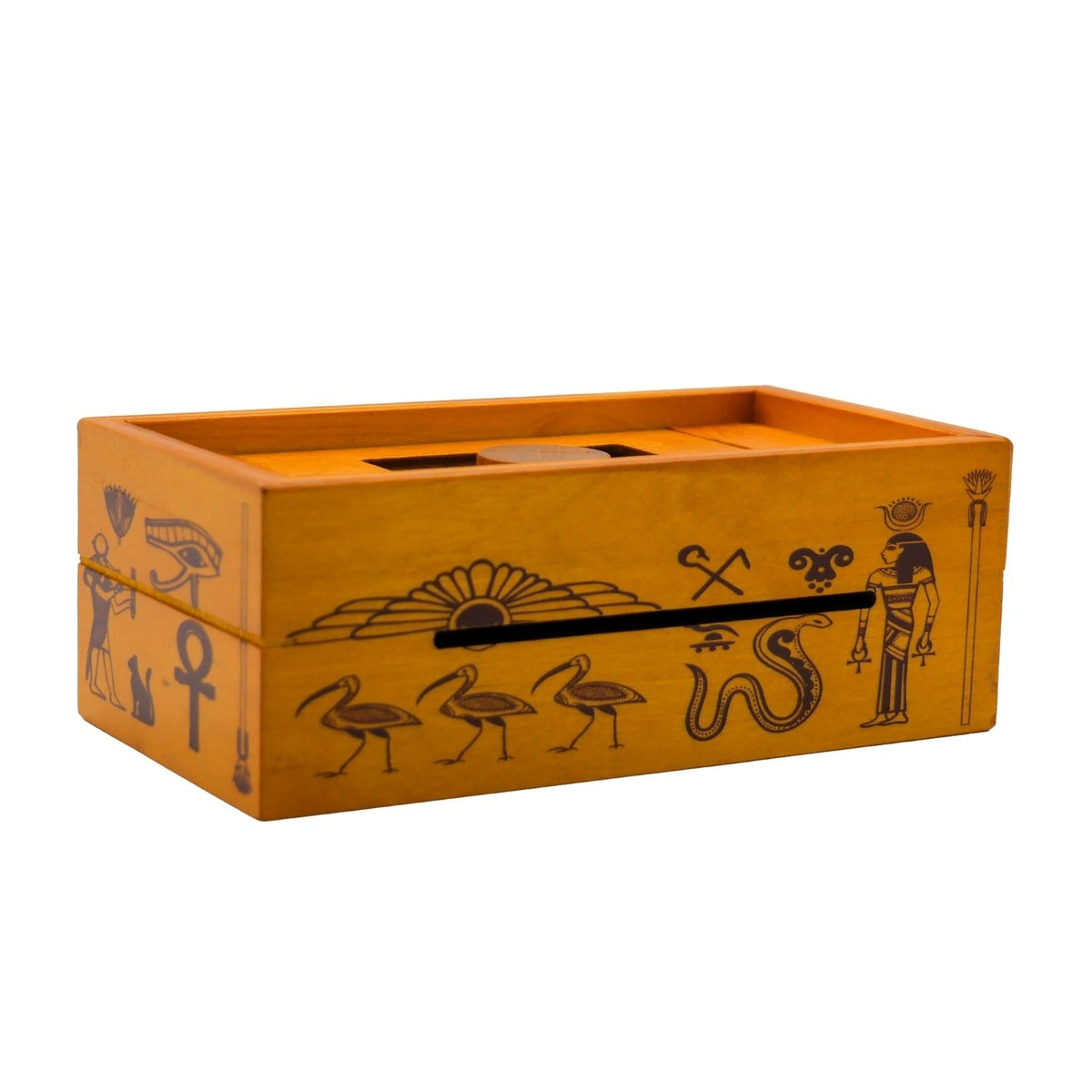 Wooden box with Egyptian hieroglyphics design - an Ancient Egypt brainteaser for ages eight plus.