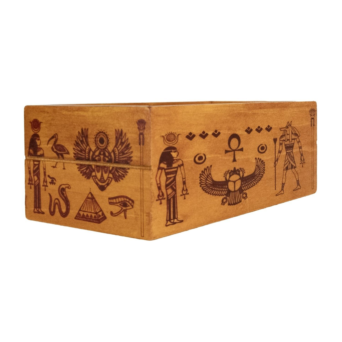 A secret compartment box for ages eight and up. Manipulate hidden panels in the wooden box with Egyptian hieroglyphics and symbols 
