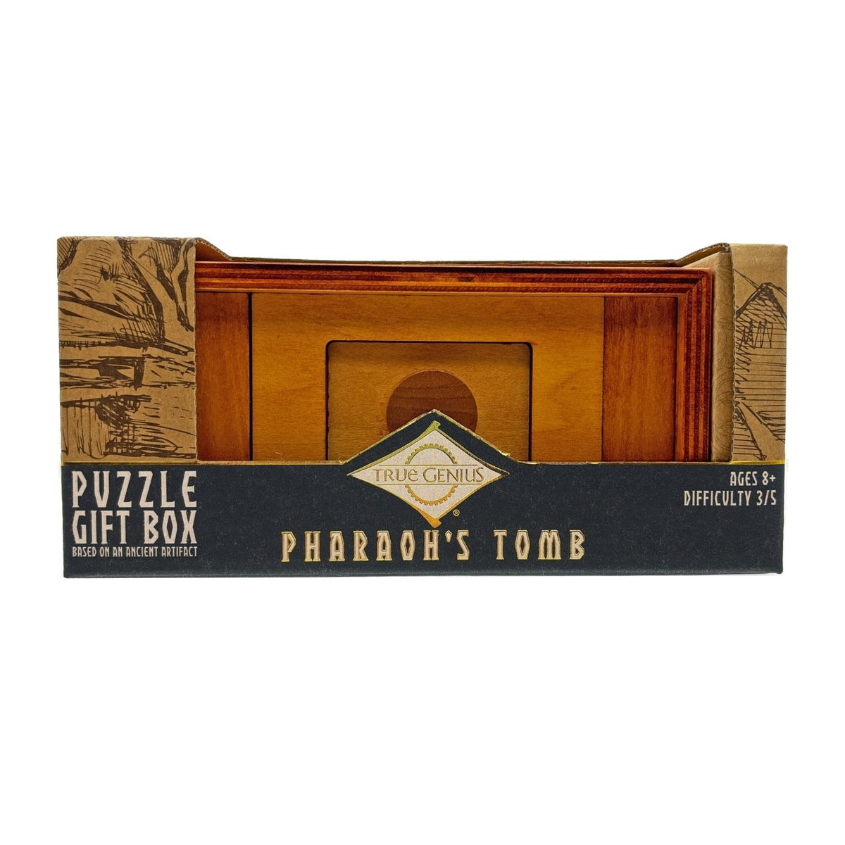 Wooden puzzle gift box themed as 'Pharaoh's Tomb' to hide a gift card or treasure for ages eight plus. Solve three to five steps to unlock the tomb. A level four logic challenge.