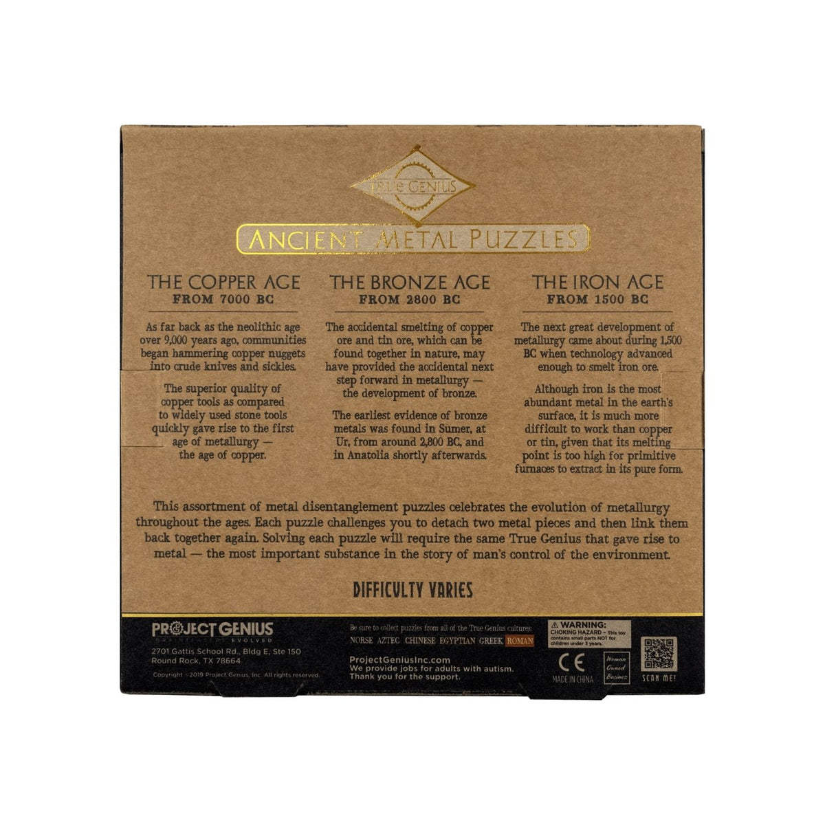 box with text explaining the collection of twelve different metal disentanglement puzzles designed for ages eight plus