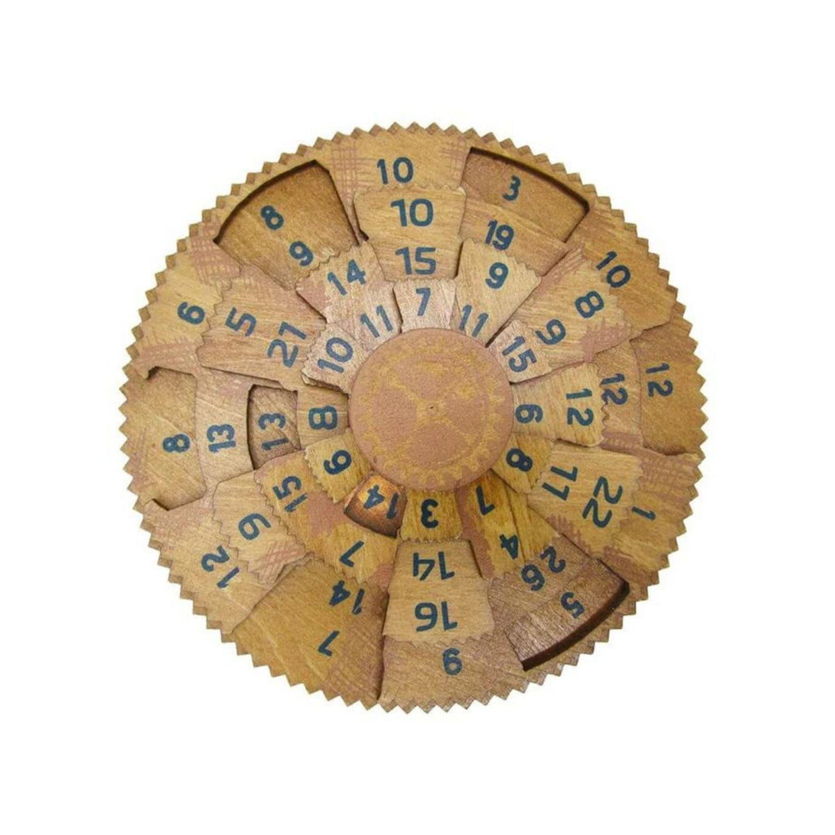 Detail Shot: A close-up of the laser-engraved numbers and Greek-inspired patterns on the rotating tiers of the level five math puzzle.