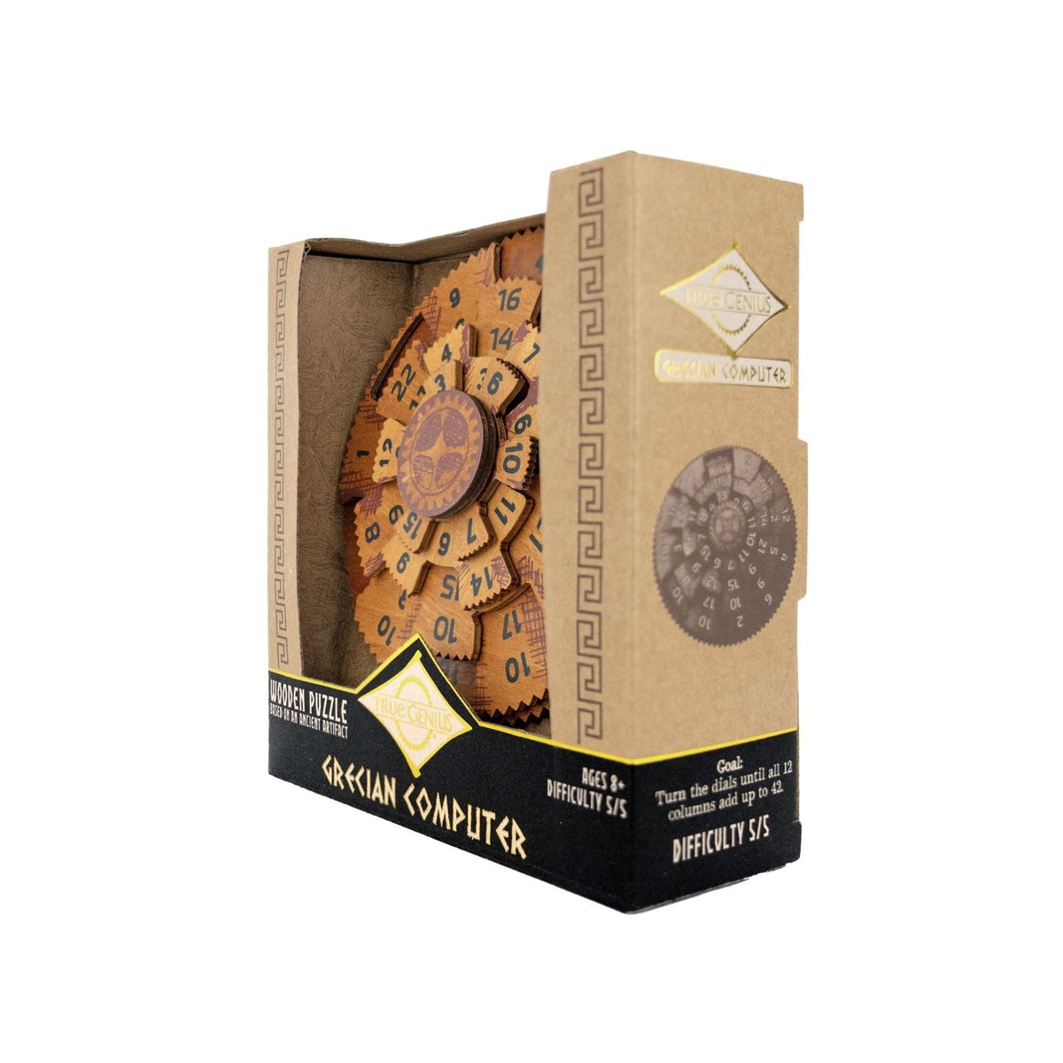 The retail box for the Grecian Computer by Project Genius, displaying the level five difficulty rating, math puzzle type, and the age eight plus label.