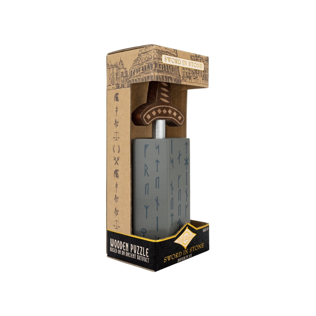 Wooden ancient artifact puzzle for ages eight plus features a sword and stone design.