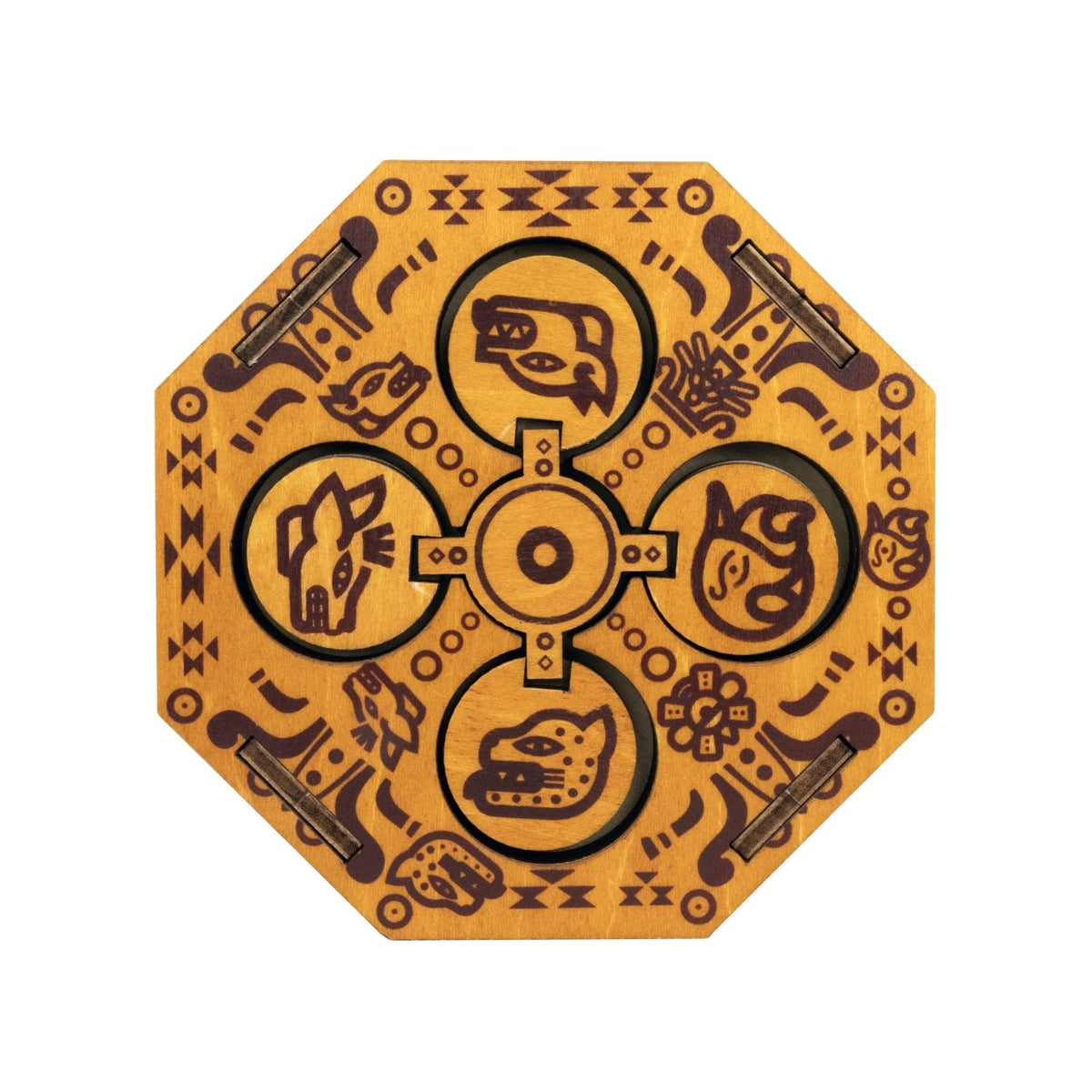 close-up of the Aztec Family Chest with the lid open, revealing a hidden compartment containing a folded note and a piece of jewellery.