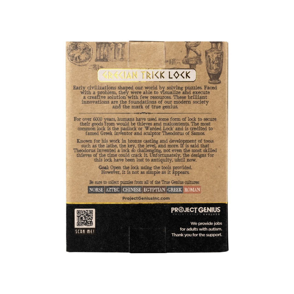 Product packaging with text explaining how to master this Greek logic puzzle inspired by the inventor Theodorus. A level three trick lock for ages eight plus. Screen-free fun for history enthusiasts.