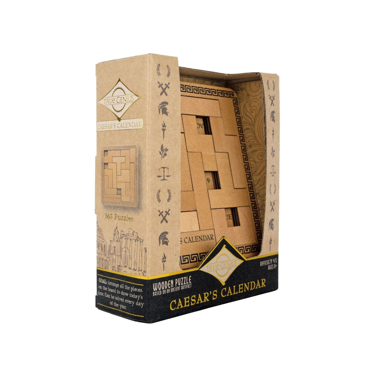 Boxed educational Caesar's Calendar wooden brainteaser puzzle with visible puzzle pieces inside