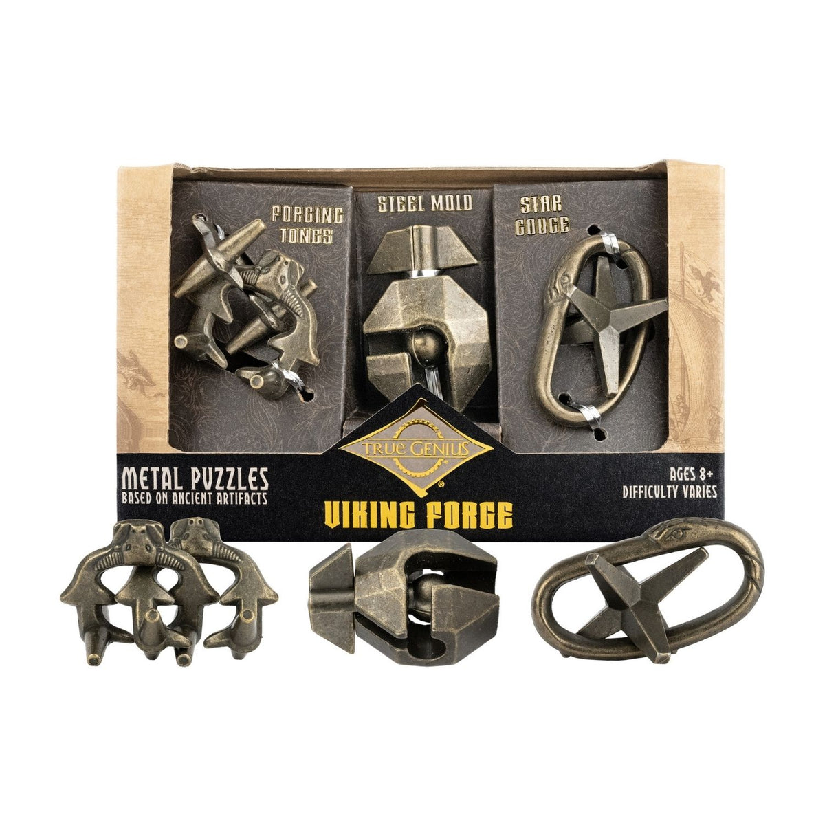 Metal brainteaser puzzles to test your problem solving skills. Features three distinct metal challenges for ages eight plus. Inspired by ancient tools.