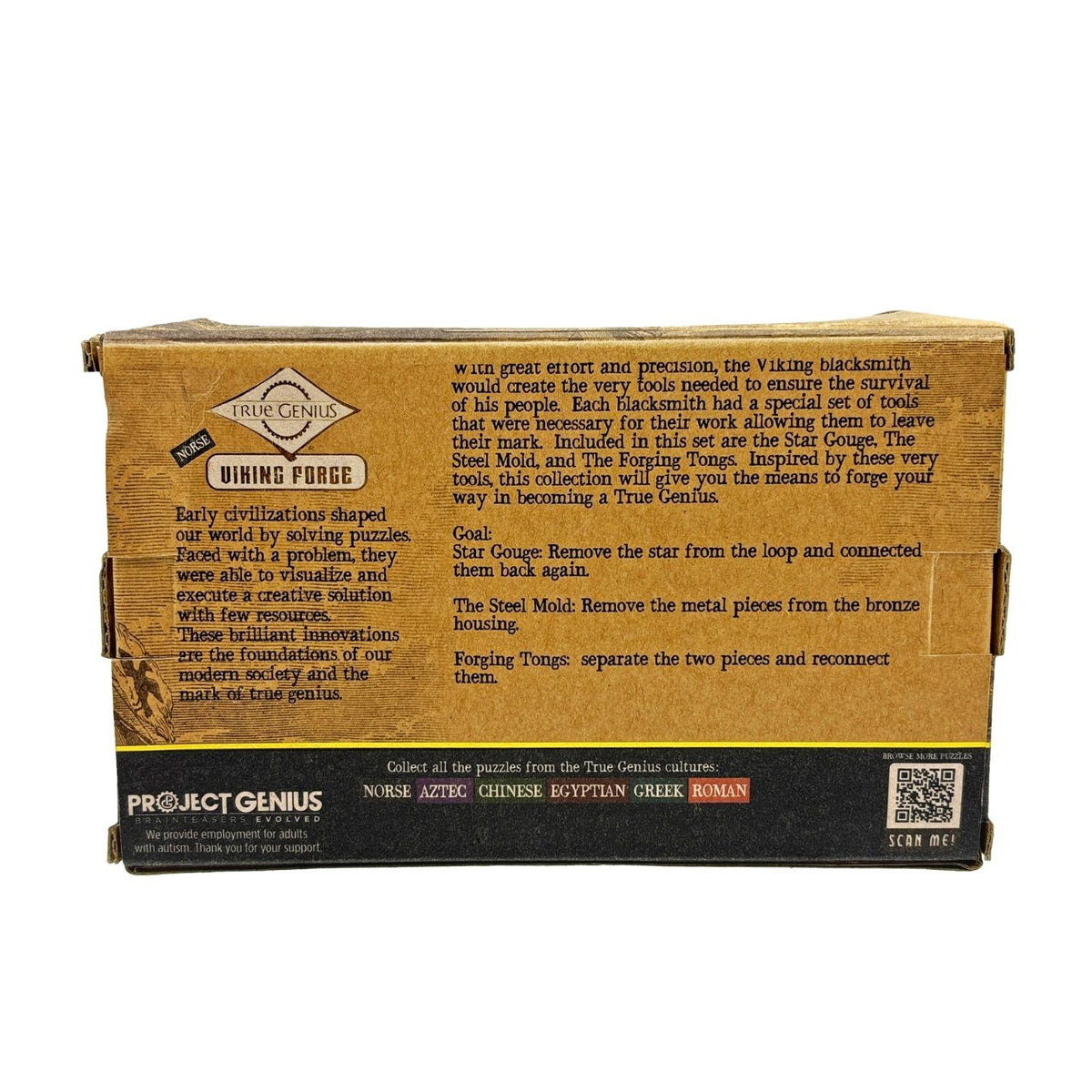 Box with text showing how you can explore Norse history with this Viking puzzle set. Includes three metal disassembly challenges: a star, a mold, and tongs. For ages eight plus.