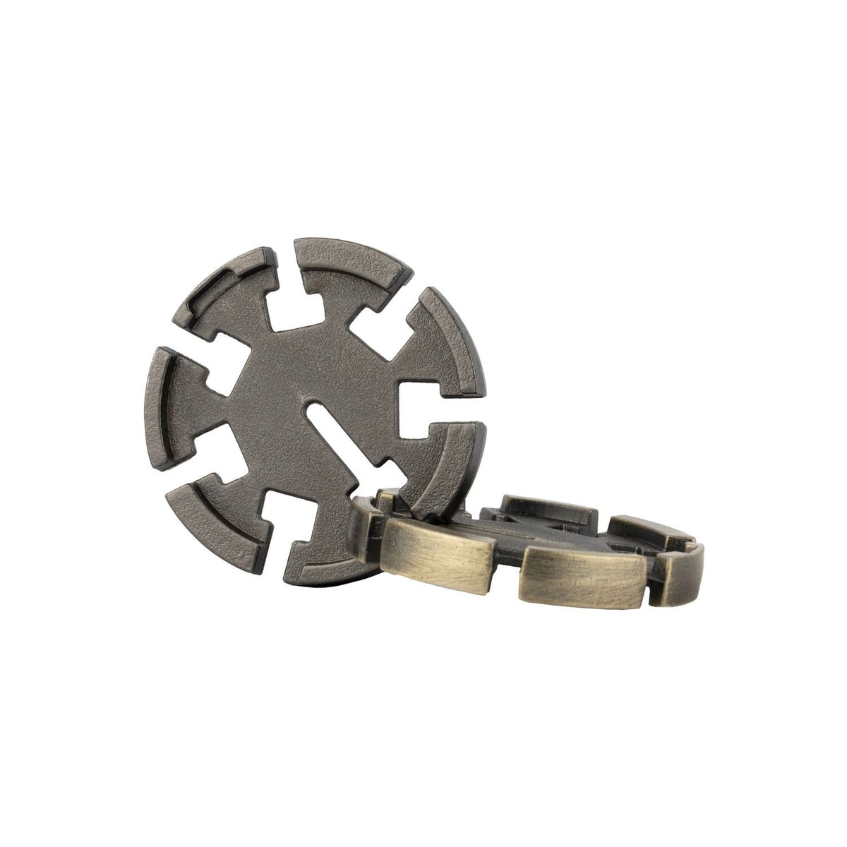 Metallic puzzle with a unique design called Grecian Gears: Maneuver through interlocking gears to free the ring.