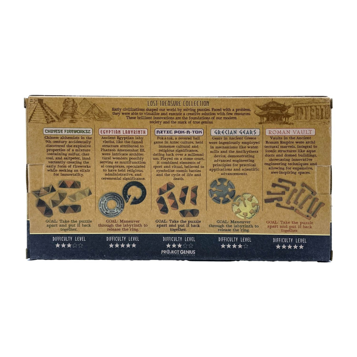 Cardboard box with text showing Explore the Lost Treasure Collection, featuring five puzzles inspired by China, Egypt, Rome, Greece, and the Aztecs. A level-varying challenge for ages eight and up.