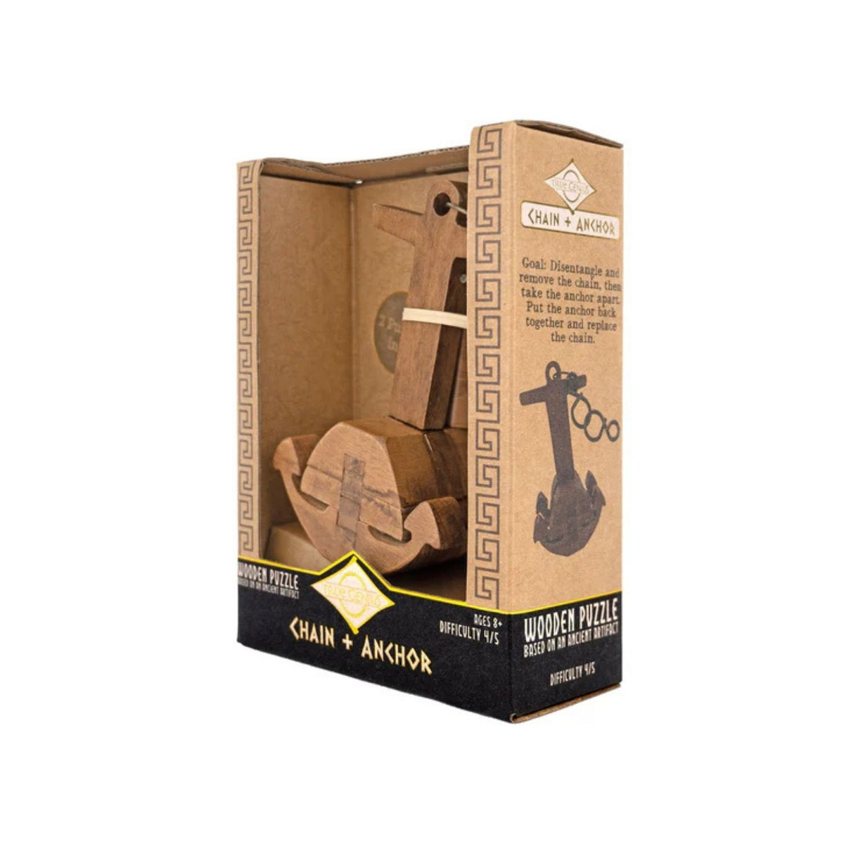 Wooden puzzle with chain and anchor design in open packaging on a white background