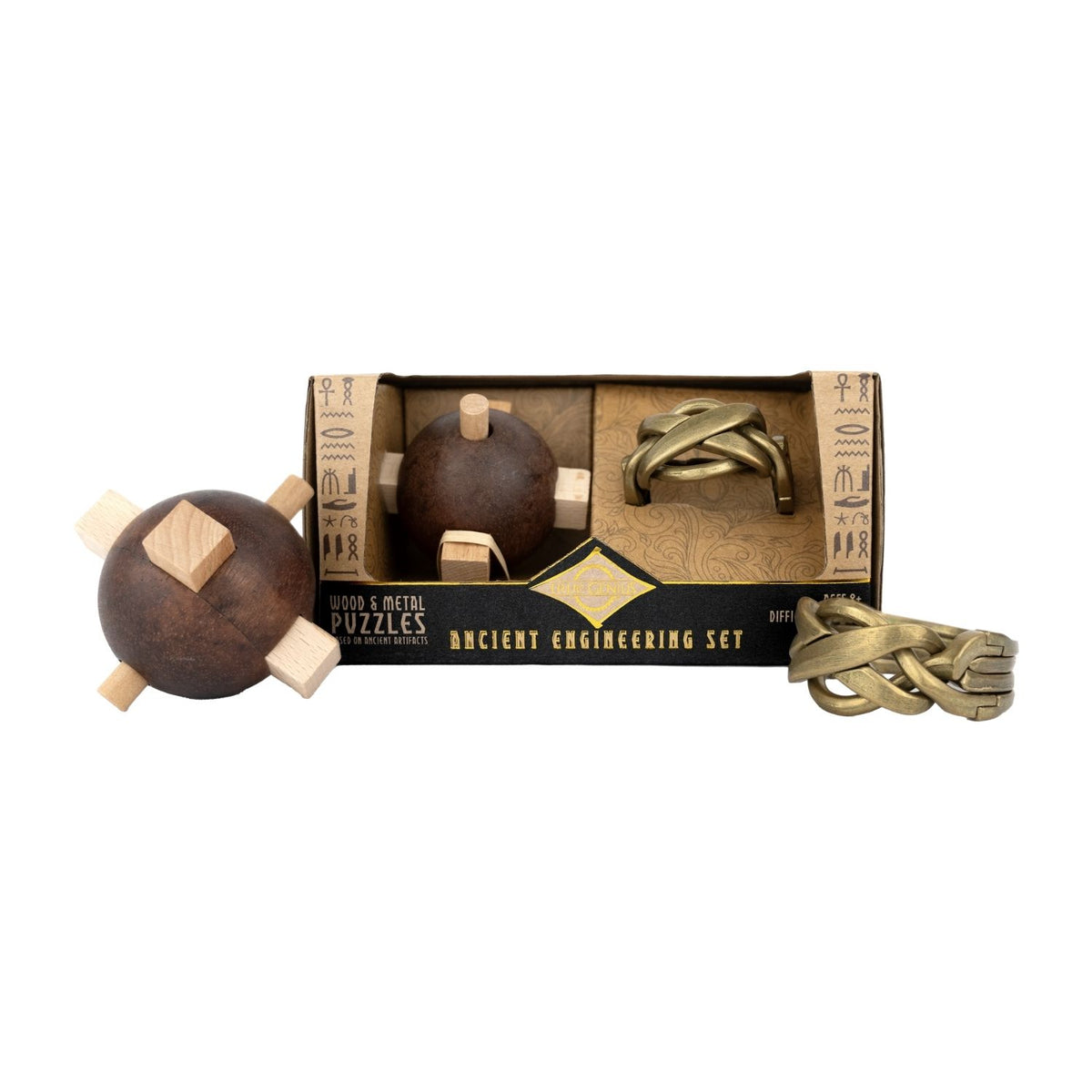 This Egyptian puzzle set features two mechanical challenges for ages eight plus. Master the knot and plumb bob in this educational disassembly game.