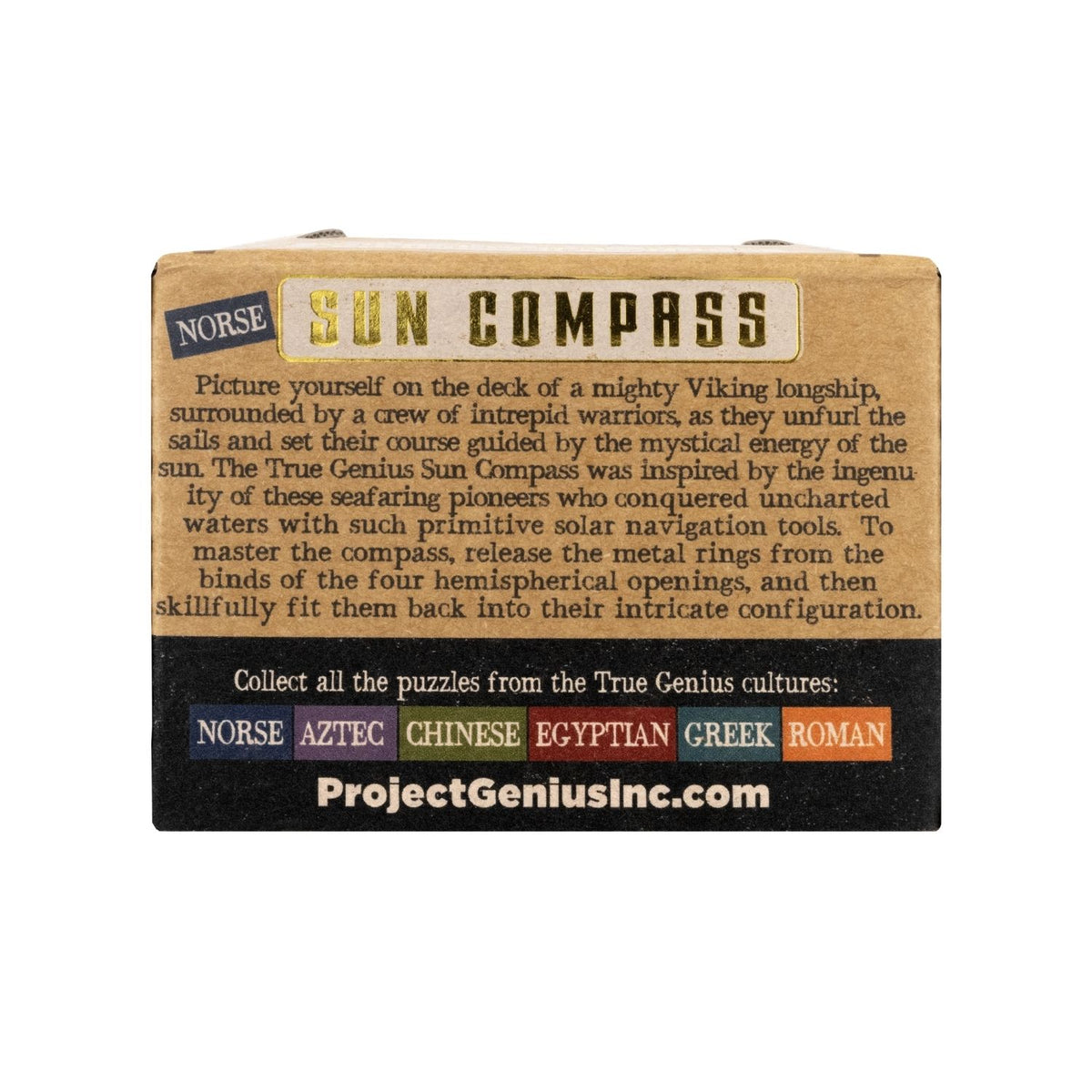 Sun compass packaging with text explaining the educational disassembly puzzle inspired by Viking solar tools. This challenge for ages eight plus features metal rings and a level four difficulty.