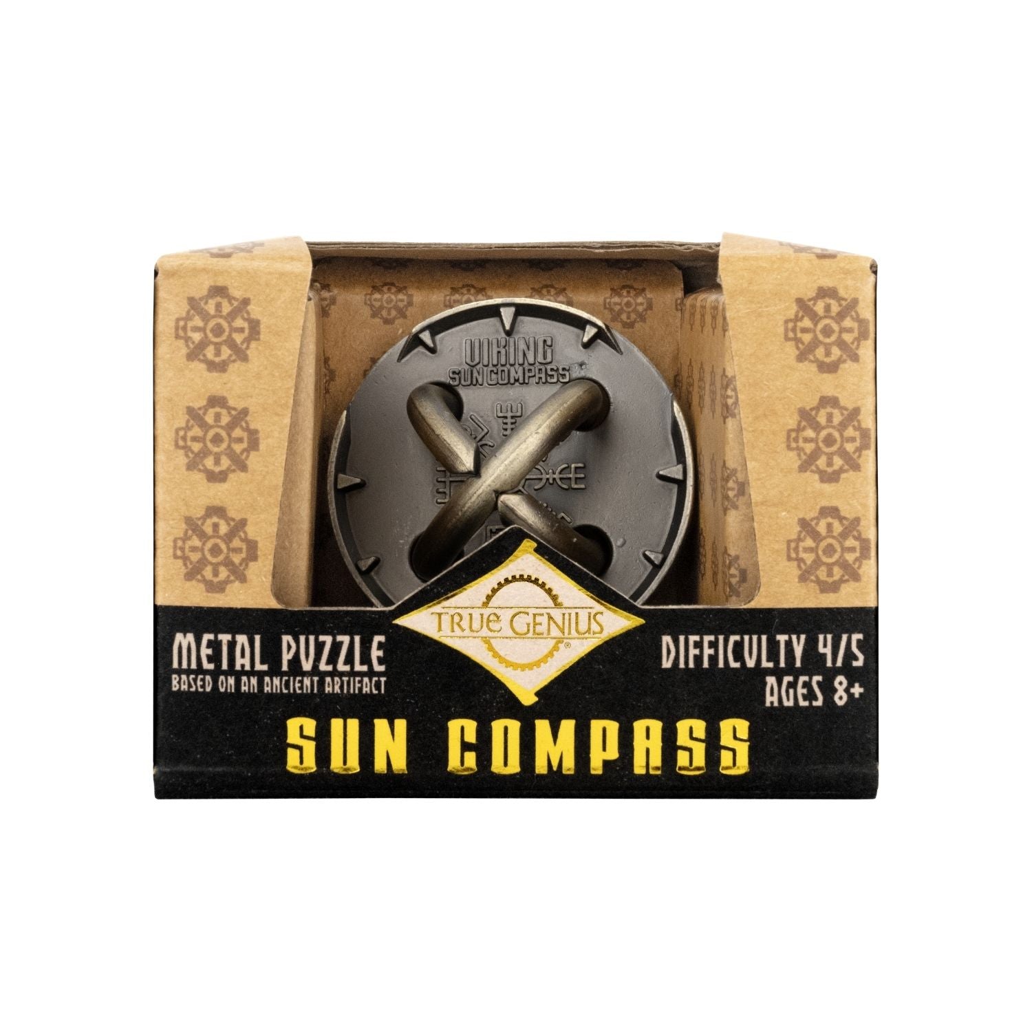 Sun compass metal puzzle with four hemispherical openings and interlocking metal rings for ages eight plus.