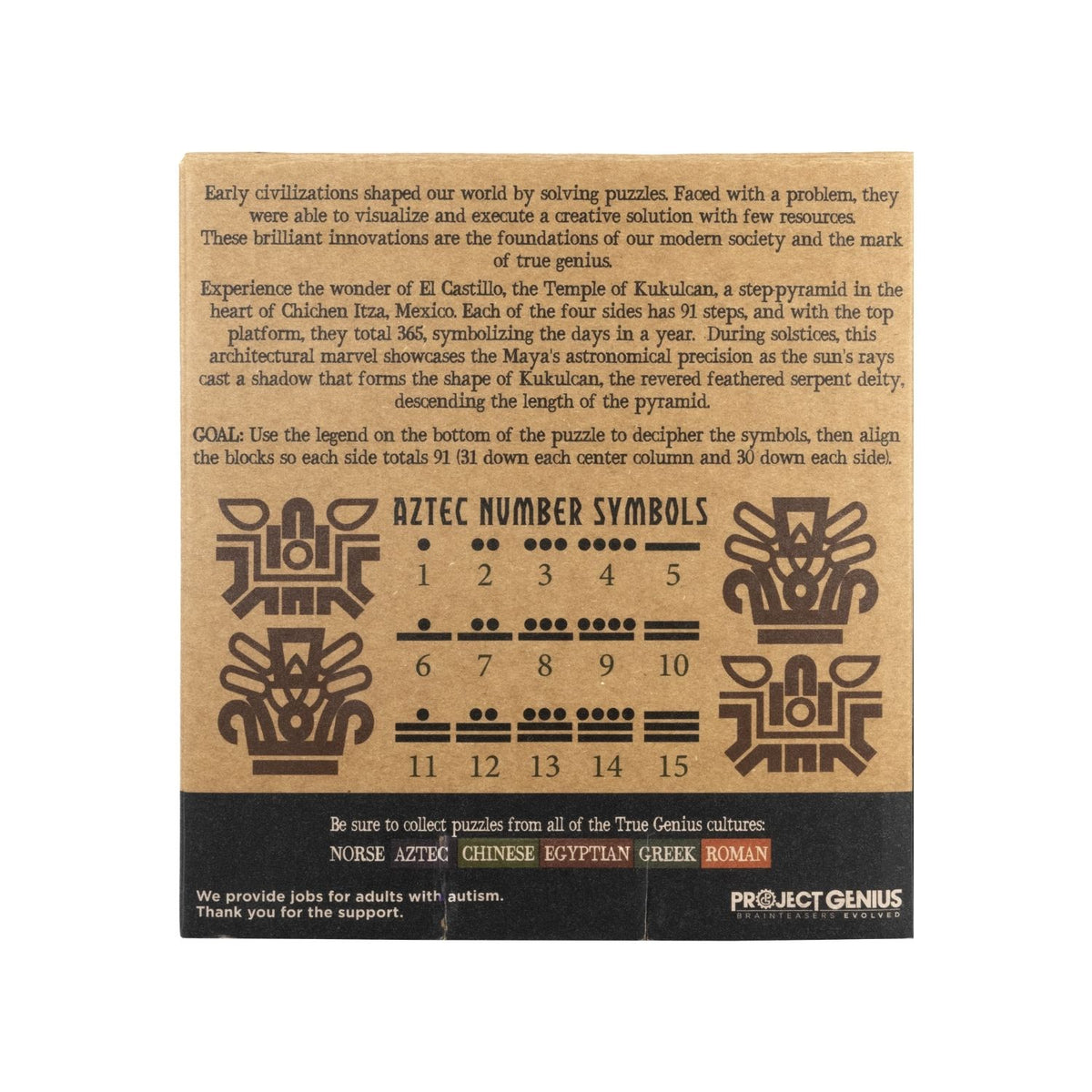 Back of a puzzle box with Aztec number symbols showing the educational and mathematical nature of the toy.