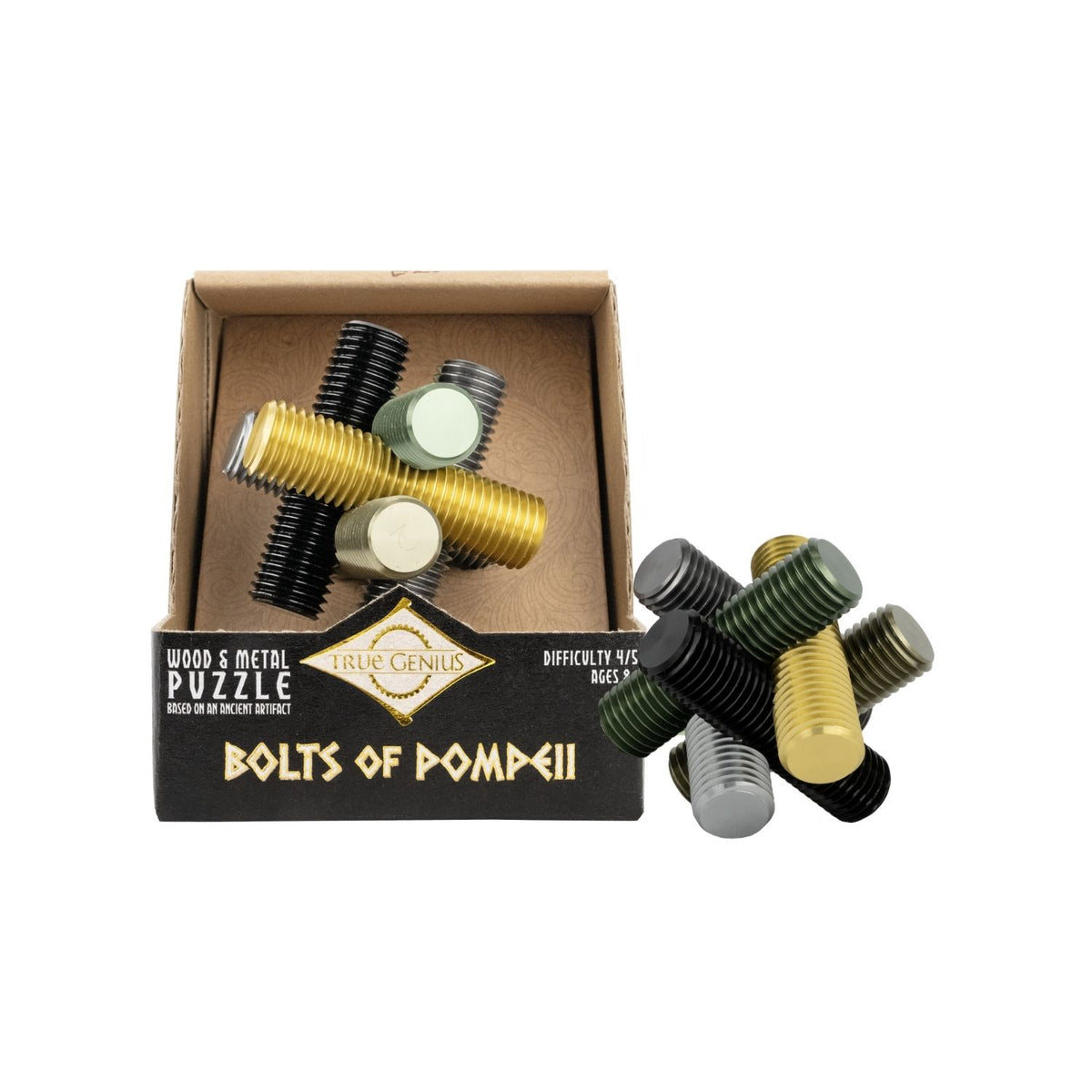 Test your logic with this Roman bolt puzzle. A 3D interlocking metal brainteaser for ages eight and up. Durable, challenging, and perfect for history buffs.