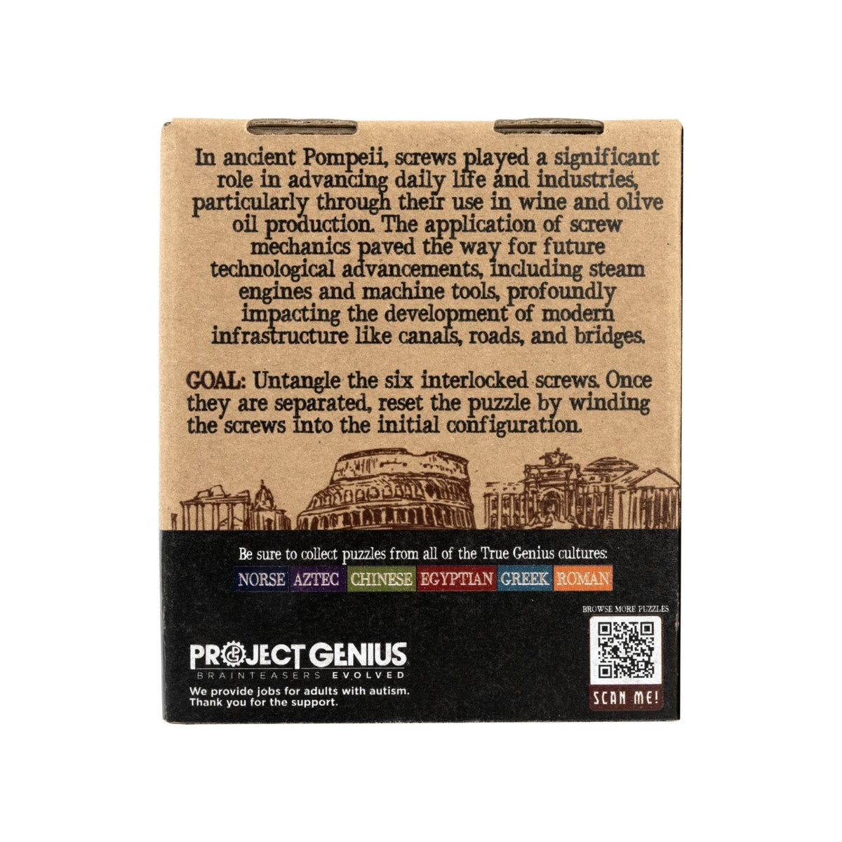 The retail box for Bolts of Pompeii by Project Genius, showing the Ancient Rome branding, disassembly puzzle type, and the age eight plus label.