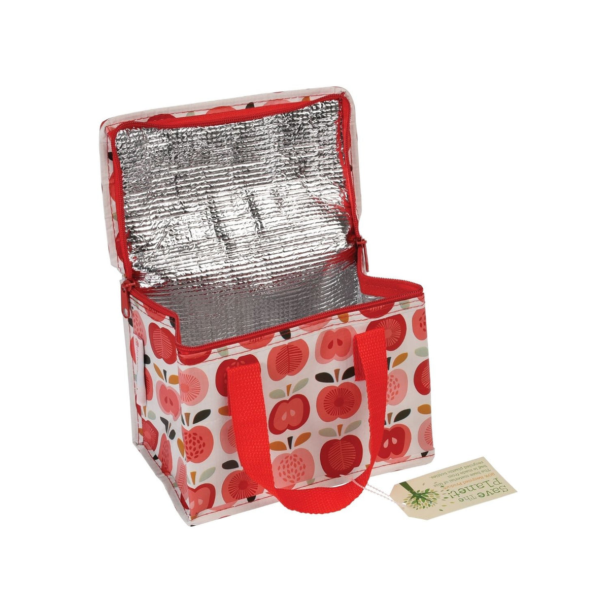 Interior view of a reusable lunch bag showing the shiny silver foil lining designed to insulate food and a spacious compartment for containers.