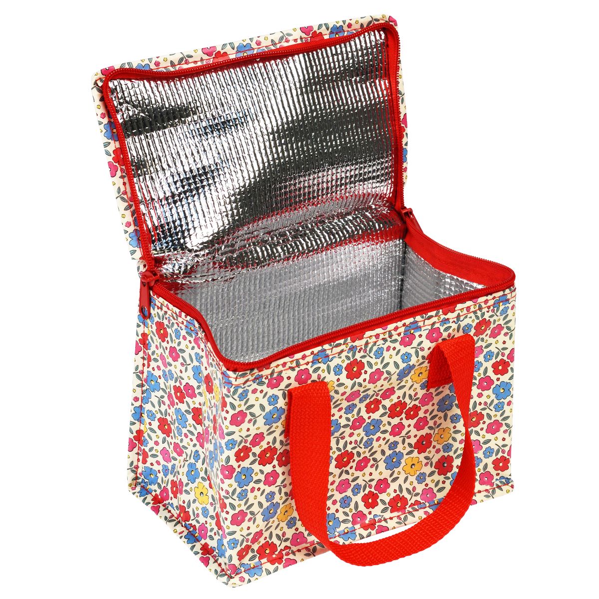 Interior view of a reusable lunch bag showing the shiny silver foil lining designed to insulate food and a spacious compartment for containers.