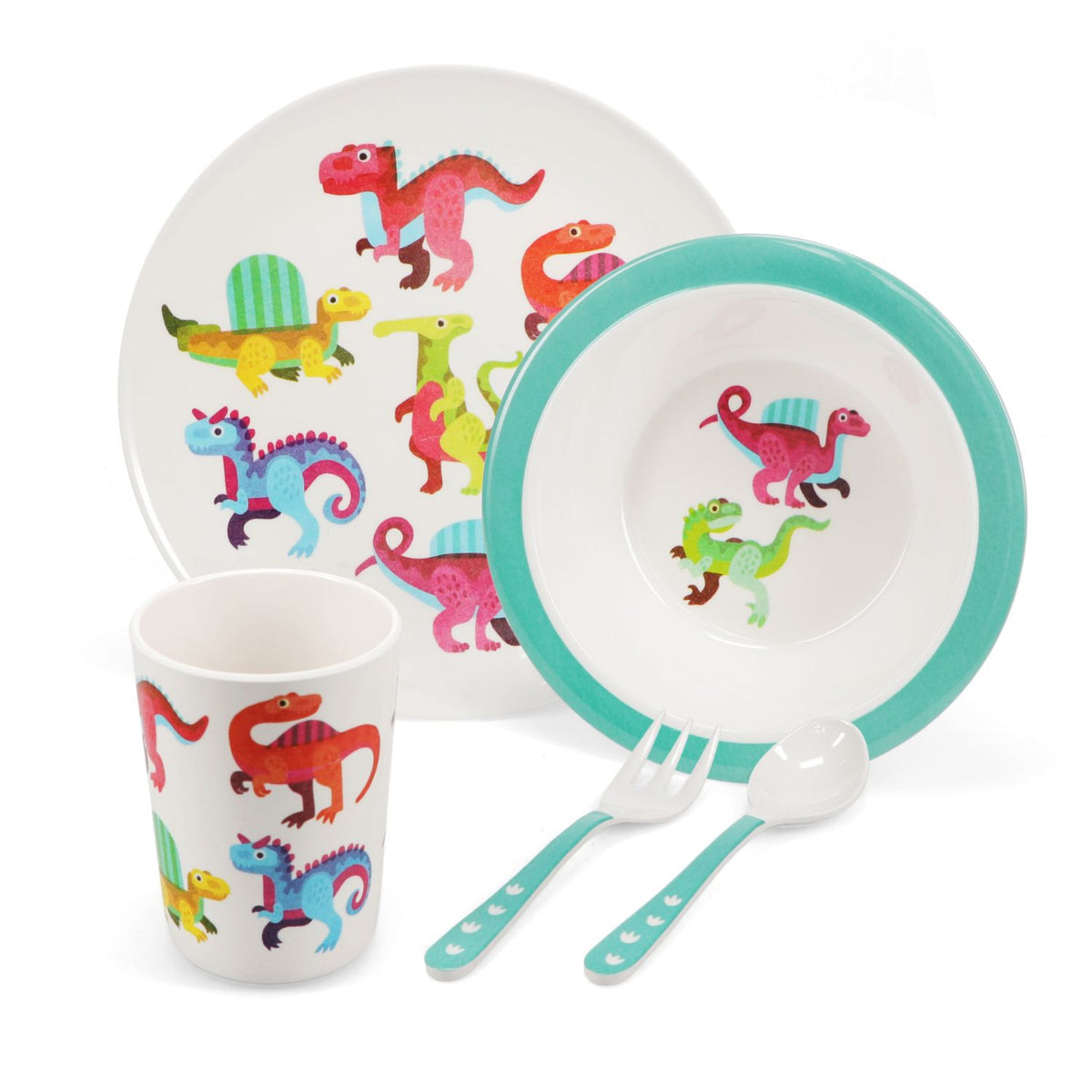 Five-piece melamine toddler set featuring a matching plate, bowl, and beaker, alongside a small fork and spoon designed for little hands to grip.