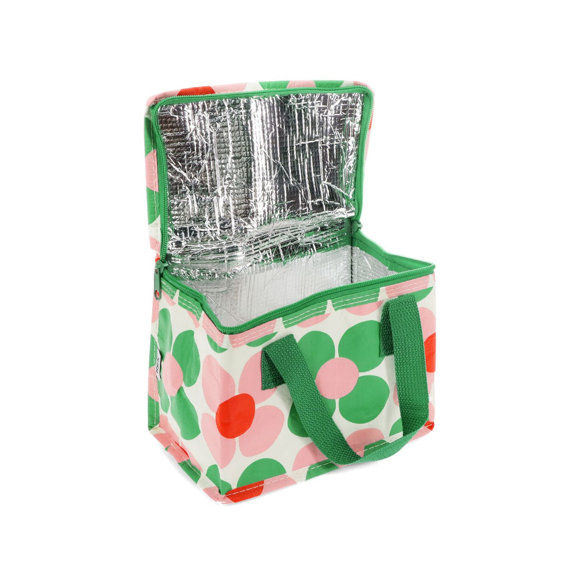 Interior view of a reusable lunch bag showing the shiny silver foil lining designed to insulate food and a spacious compartment for containers.